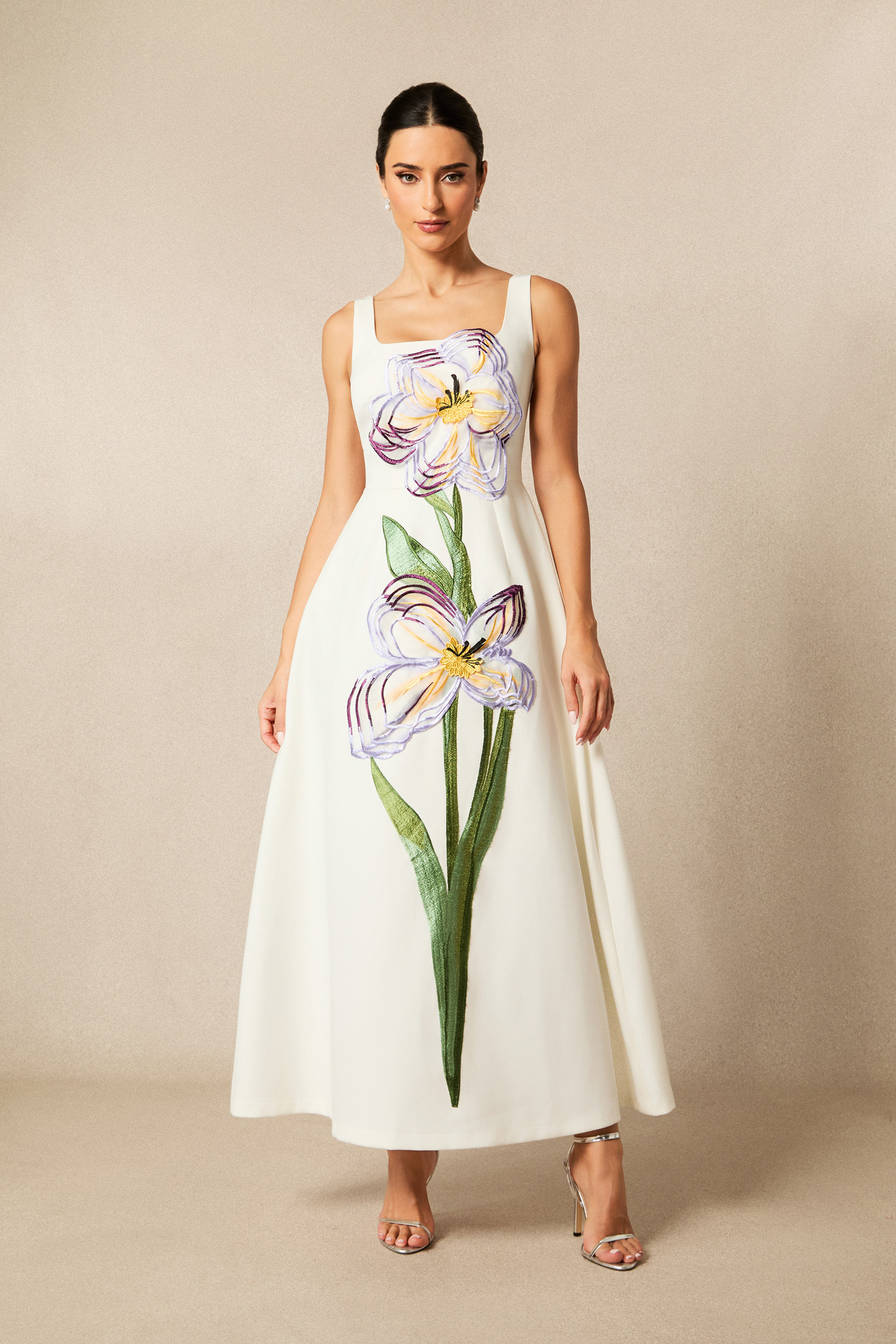 Ariel Floral Applique Square Neck Maxi Dress