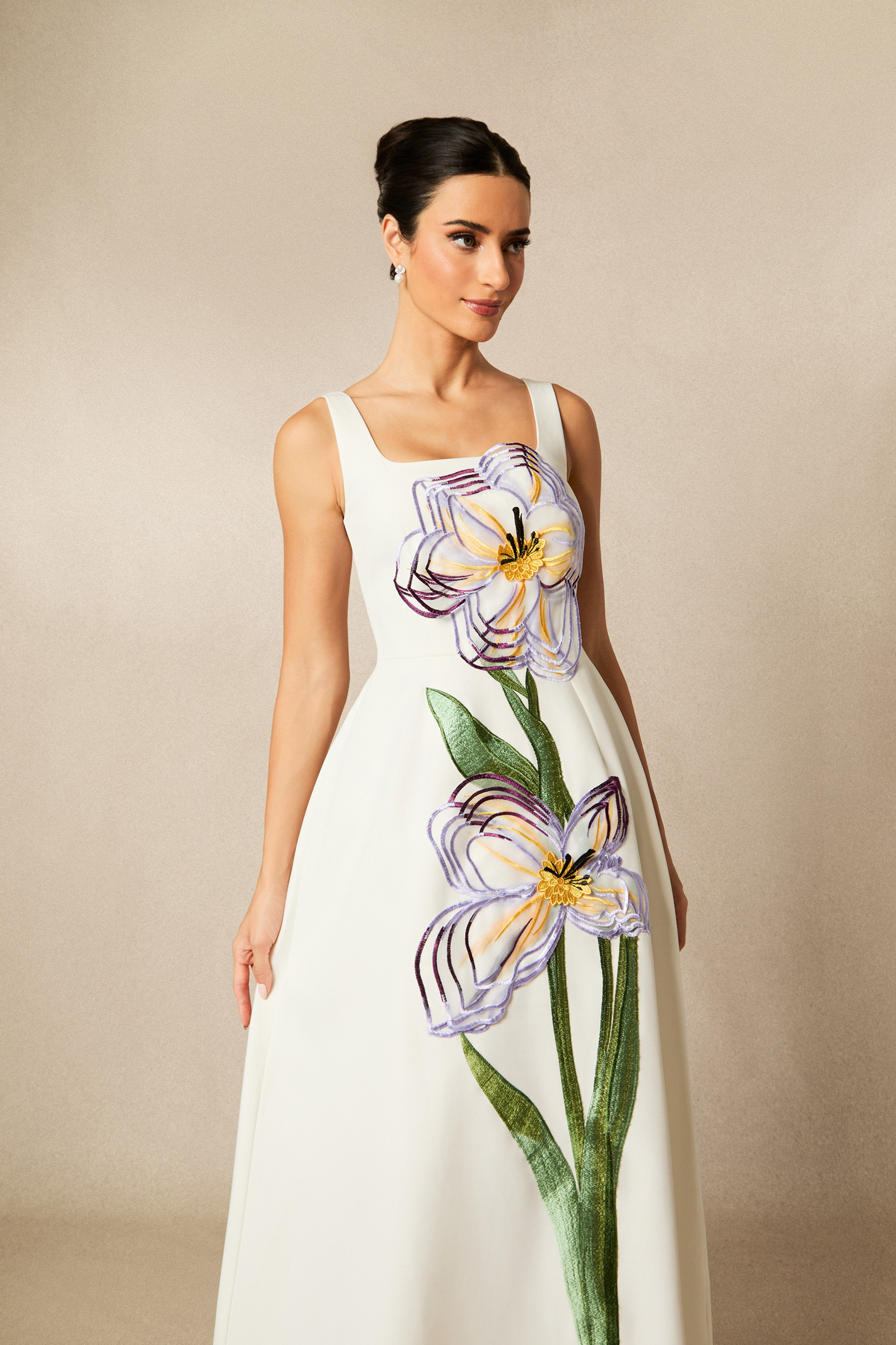 Ariel Floral Applique Square Neck Maxi Dress