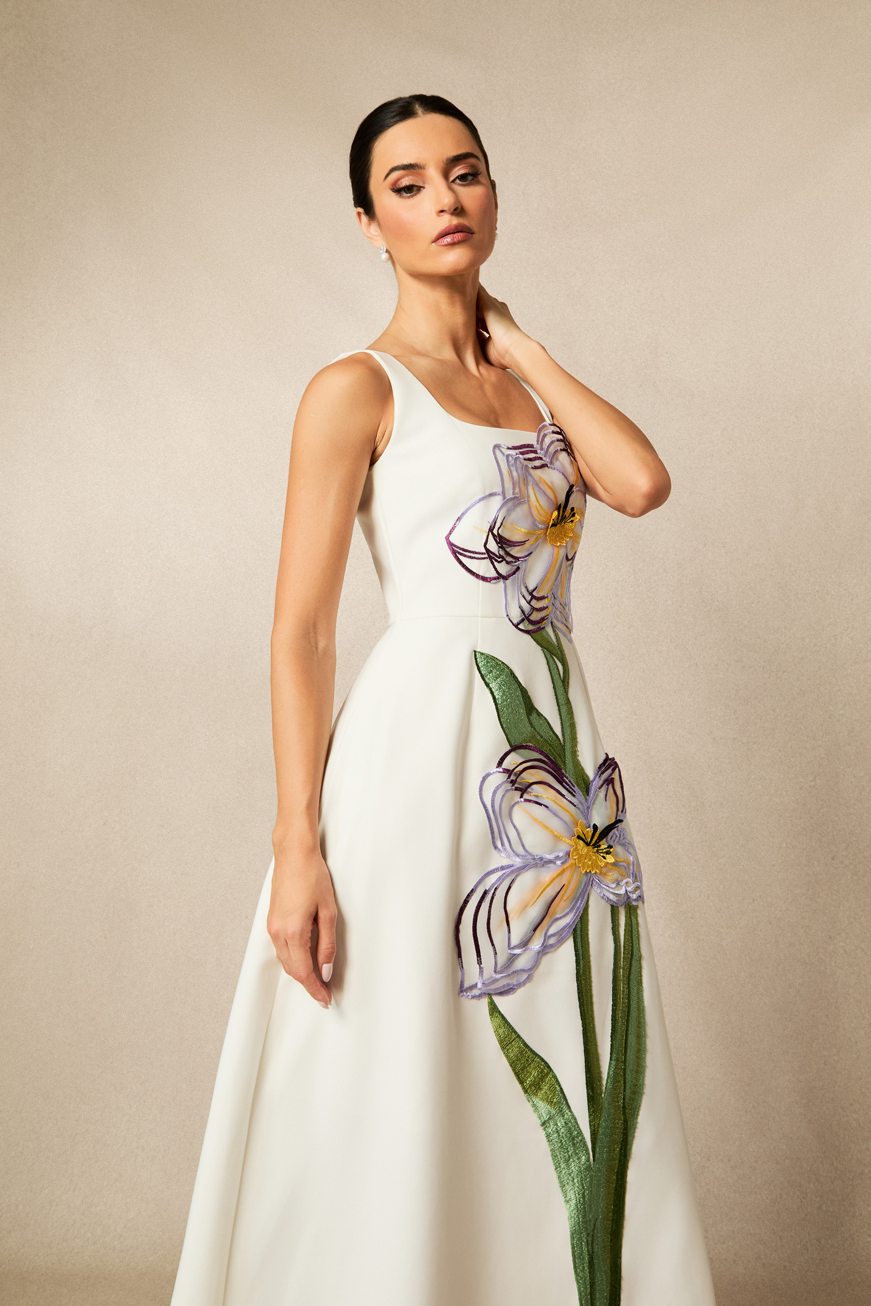 Ariel Floral Applique Square Neck Maxi Dress