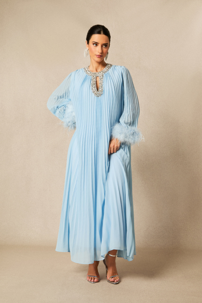 Yvonne Diamante Feathered Pleated Maxi Chiffon Dress