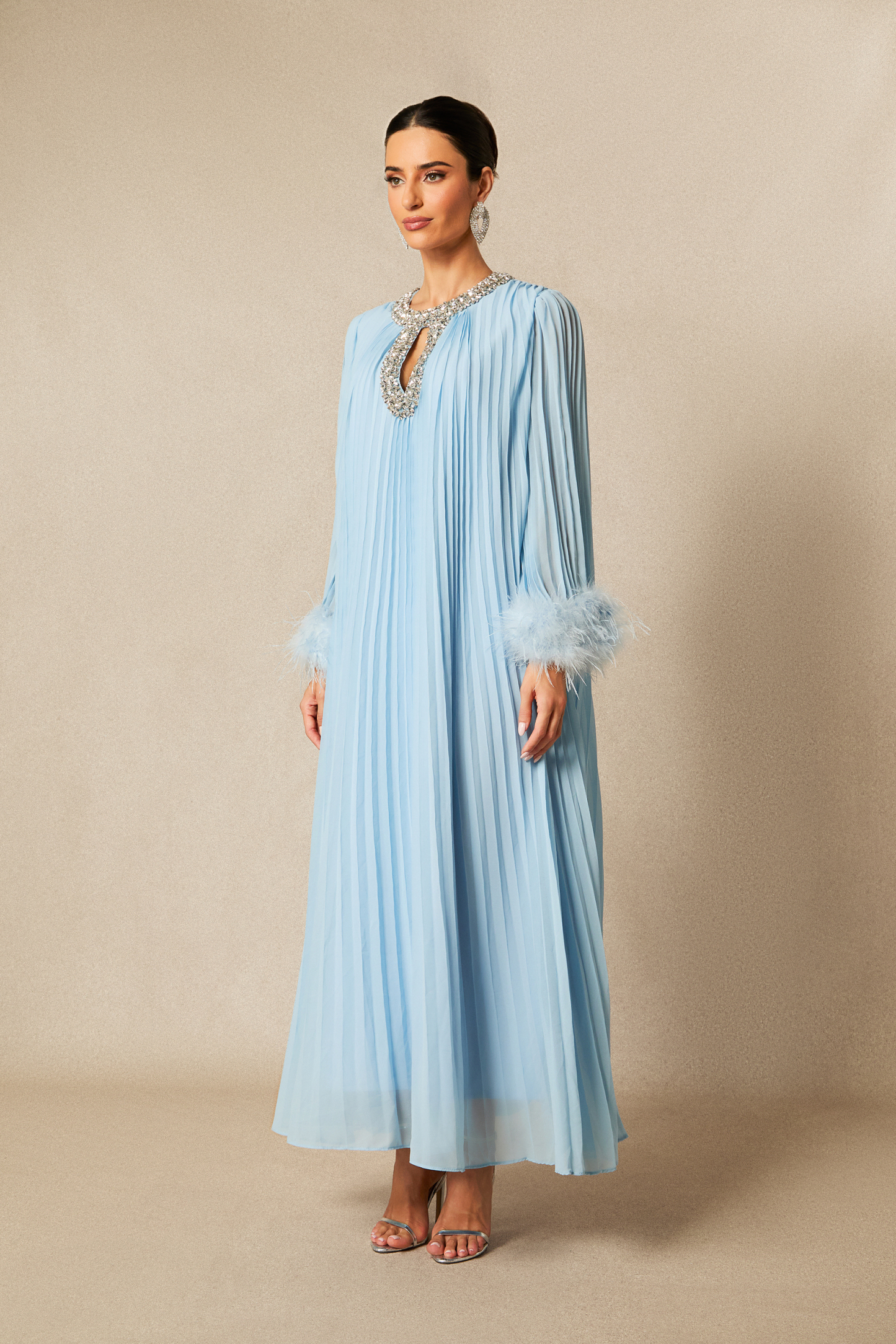 Yvonne Diamante Feathered Pleated Maxi Chiffon Dress