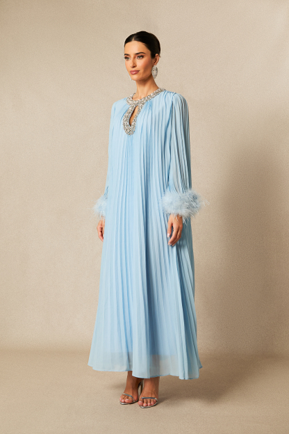 Yvonne Diamante Feathered Pleated Maxi Chiffon Dress