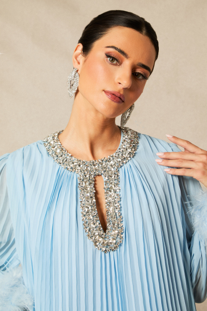 Yvonne Diamante Feathered Pleated Maxi Chiffon Dress