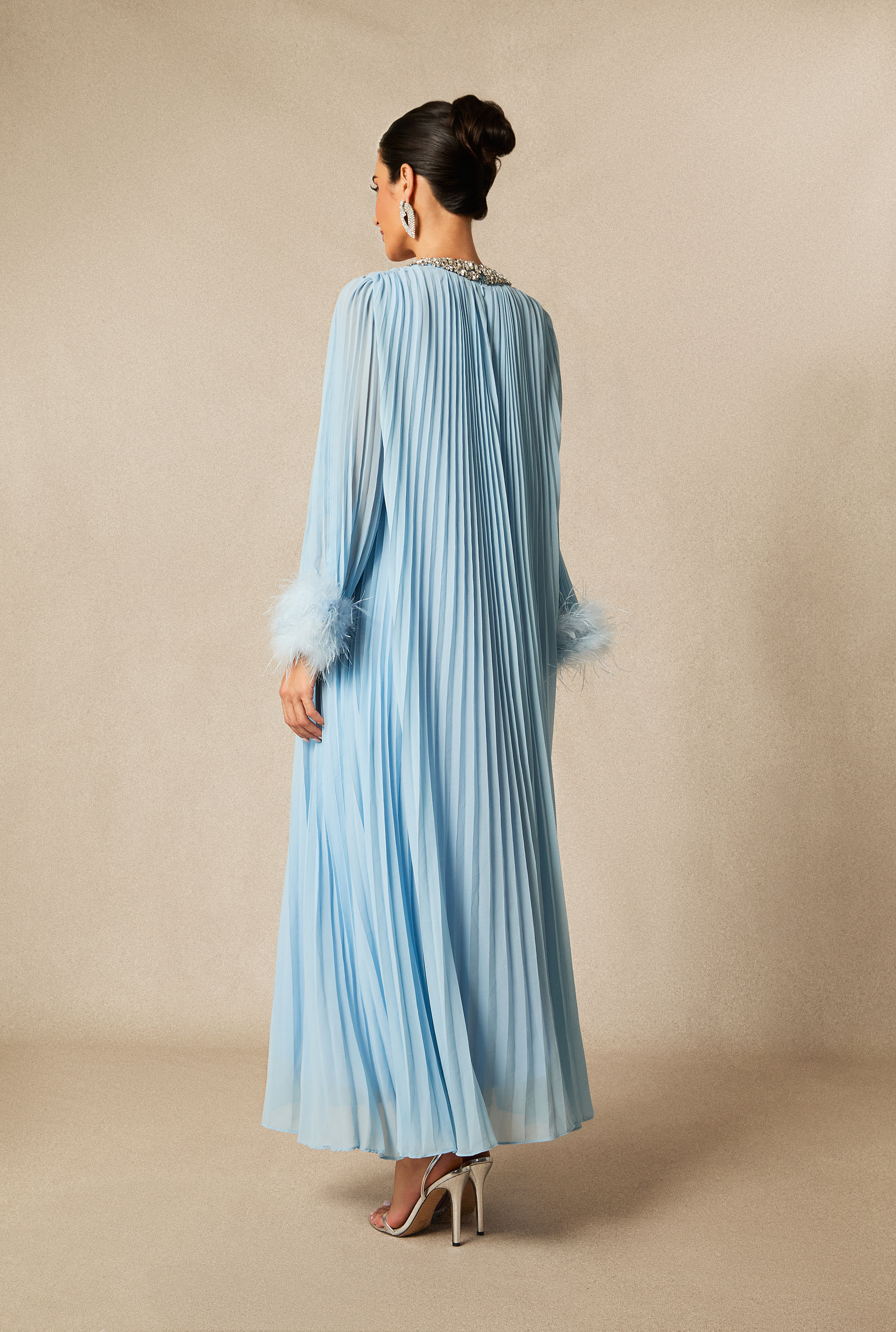 Yvonne Diamante Feathered Pleated Maxi Chiffon Dress