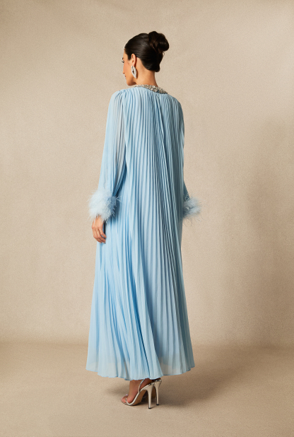 Yvonne Diamante Feathered Pleated Maxi Chiffon Dress