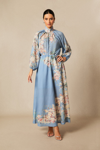 Paulina Floral Print Lantern Sleeve Blouse & Maxi Skirt Set