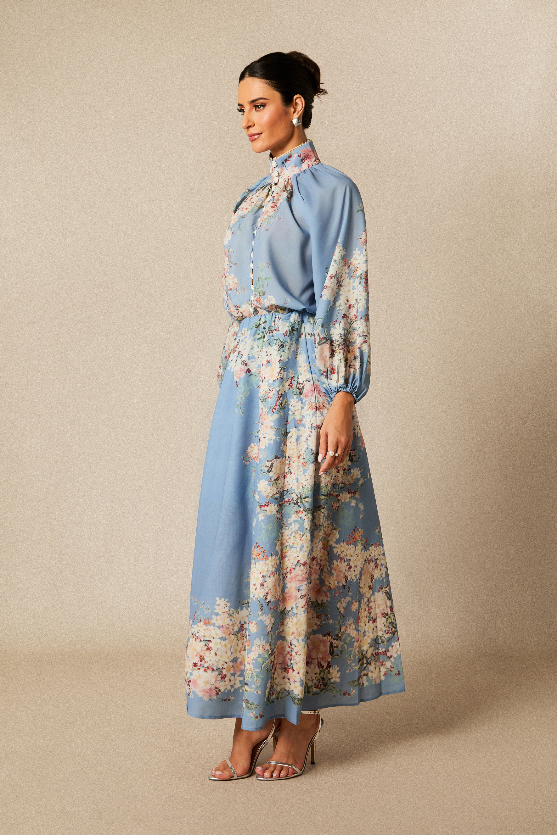 Paulina Floral Print Lantern Sleeve Blouse & Maxi Skirt Set