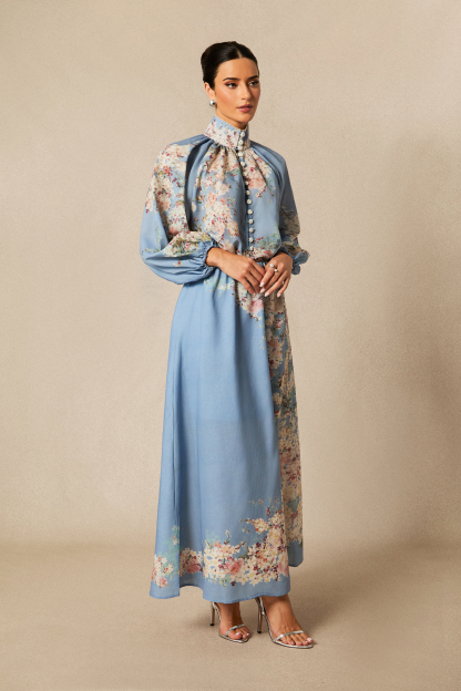 Paulina Floral Print Lantern Sleeve Blouse & Maxi Skirt Set