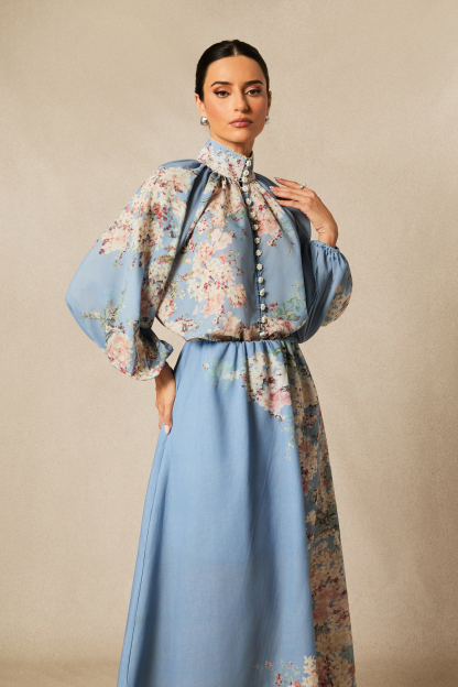 Paulina Floral Print Lantern Sleeve Blouse & Maxi Skirt Set