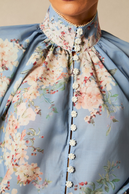 Paulina Floral Print Lantern Sleeve Blouse & Maxi Skirt Set