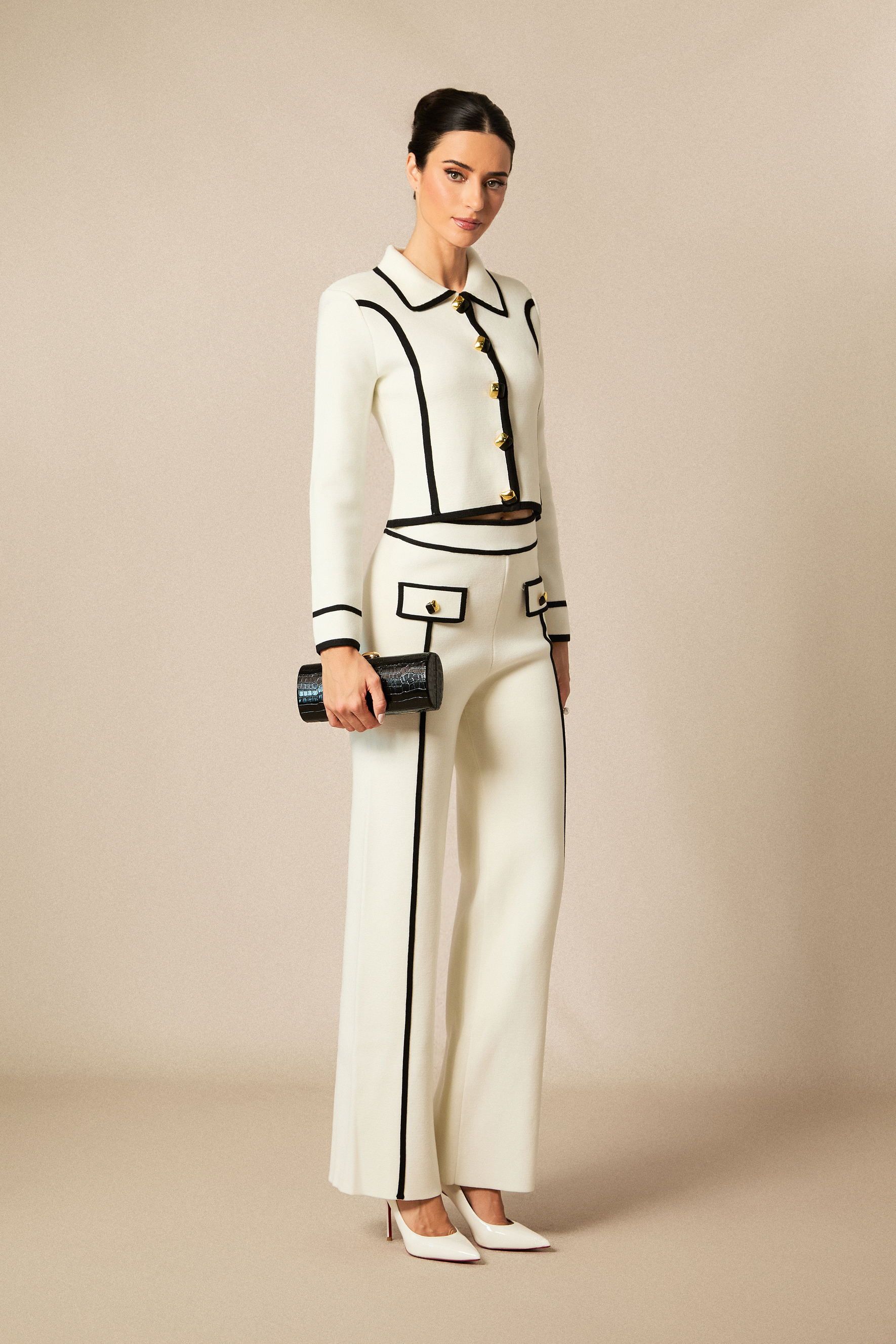 Miranda Contrast Trim Cropped Jacket & Straight Leg Pants Set