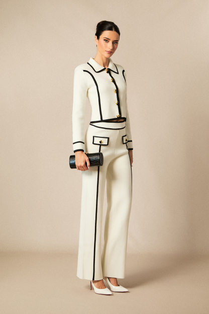 Miranda Contrast Trim Cropped Jacket & Straight Leg Pants Set