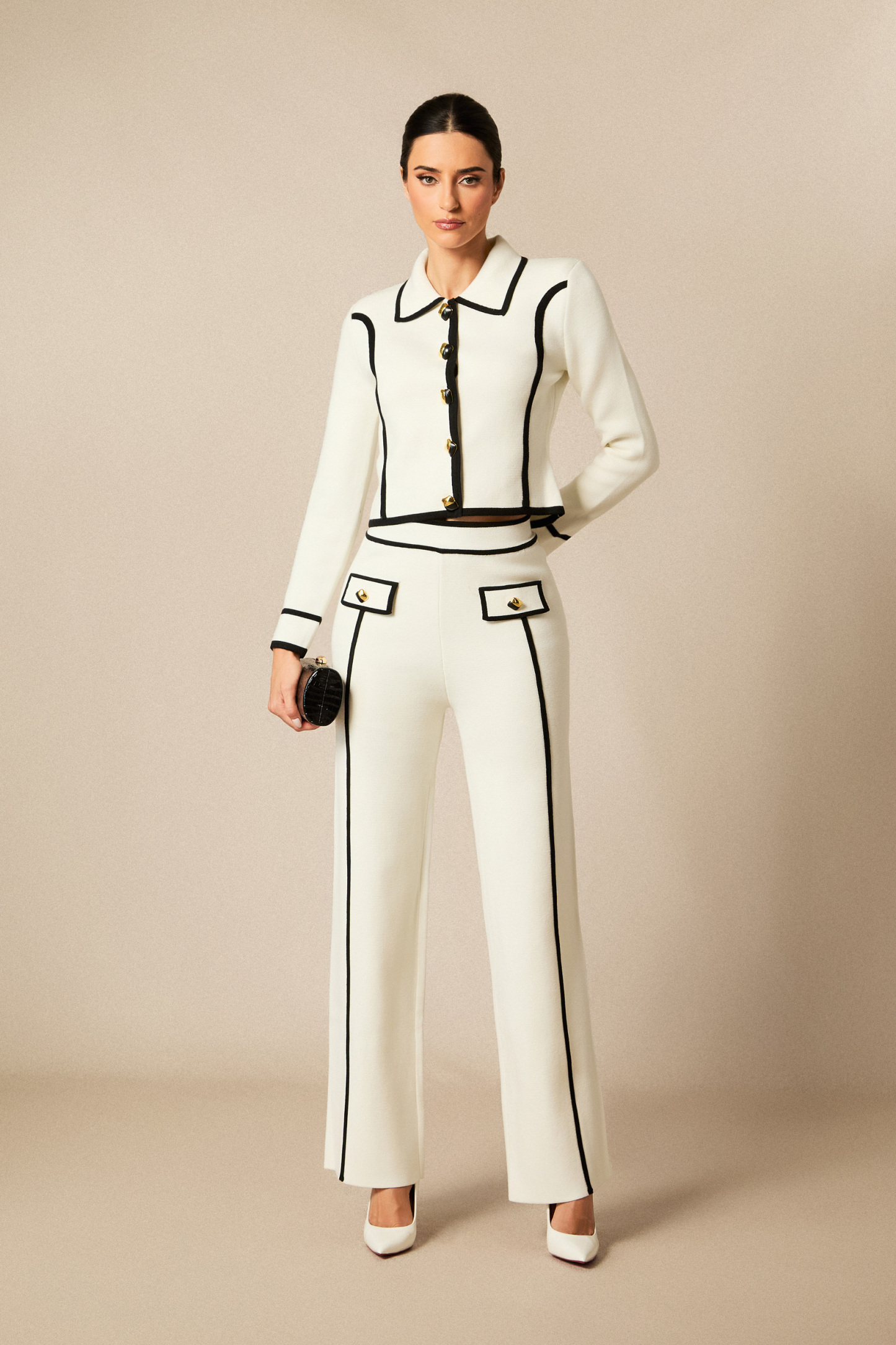 Miranda Contrast Trim Cropped Jacket & Straight Leg Pants Set