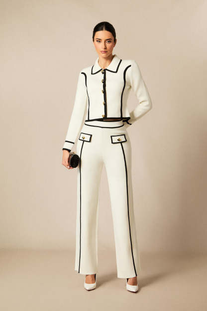 Miranda Contrast Trim Cropped Jacket & Straight Leg Pants Set