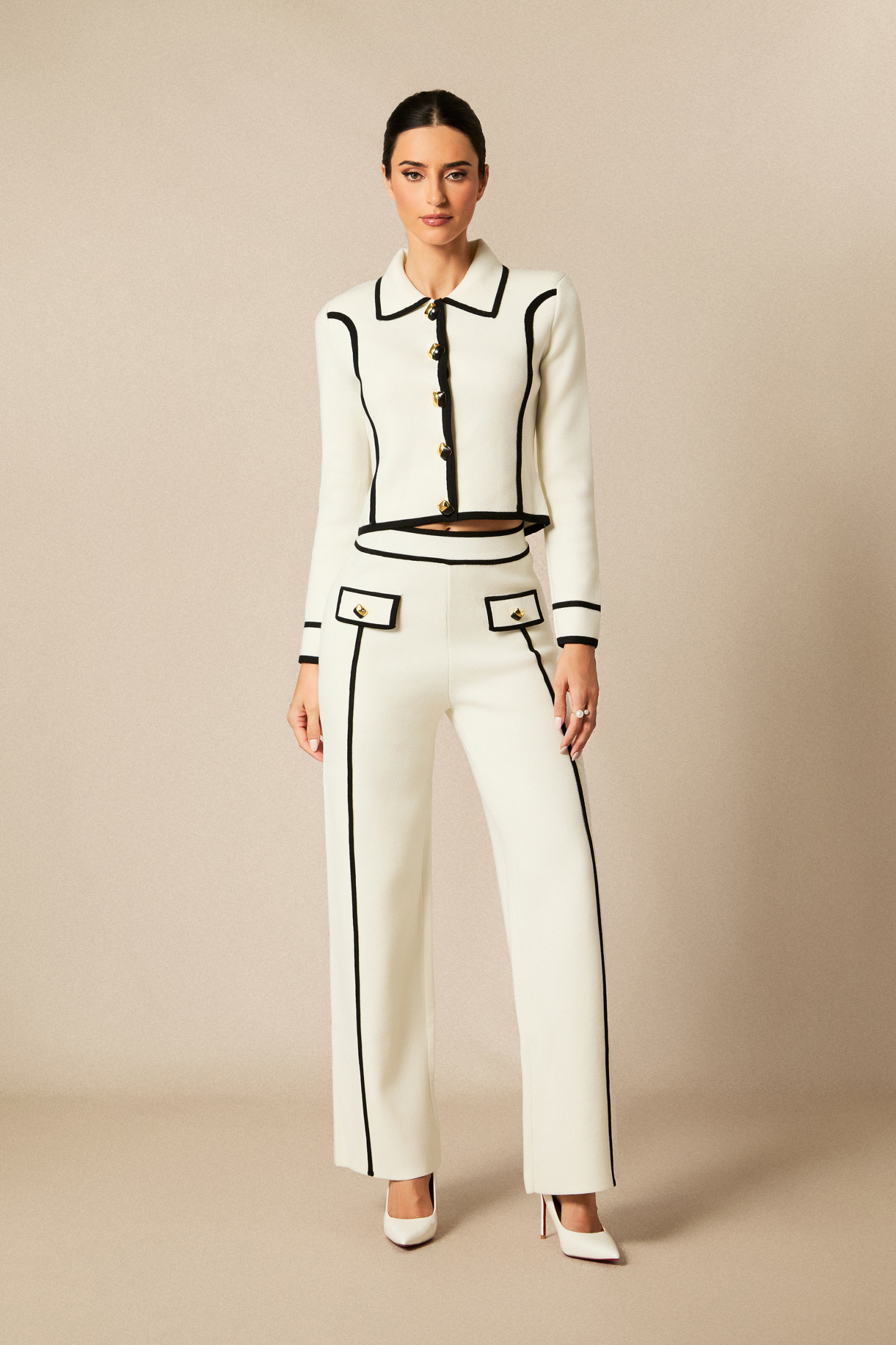 Miranda Contrast Trim Cropped Jacket & Straight Leg Pants Set