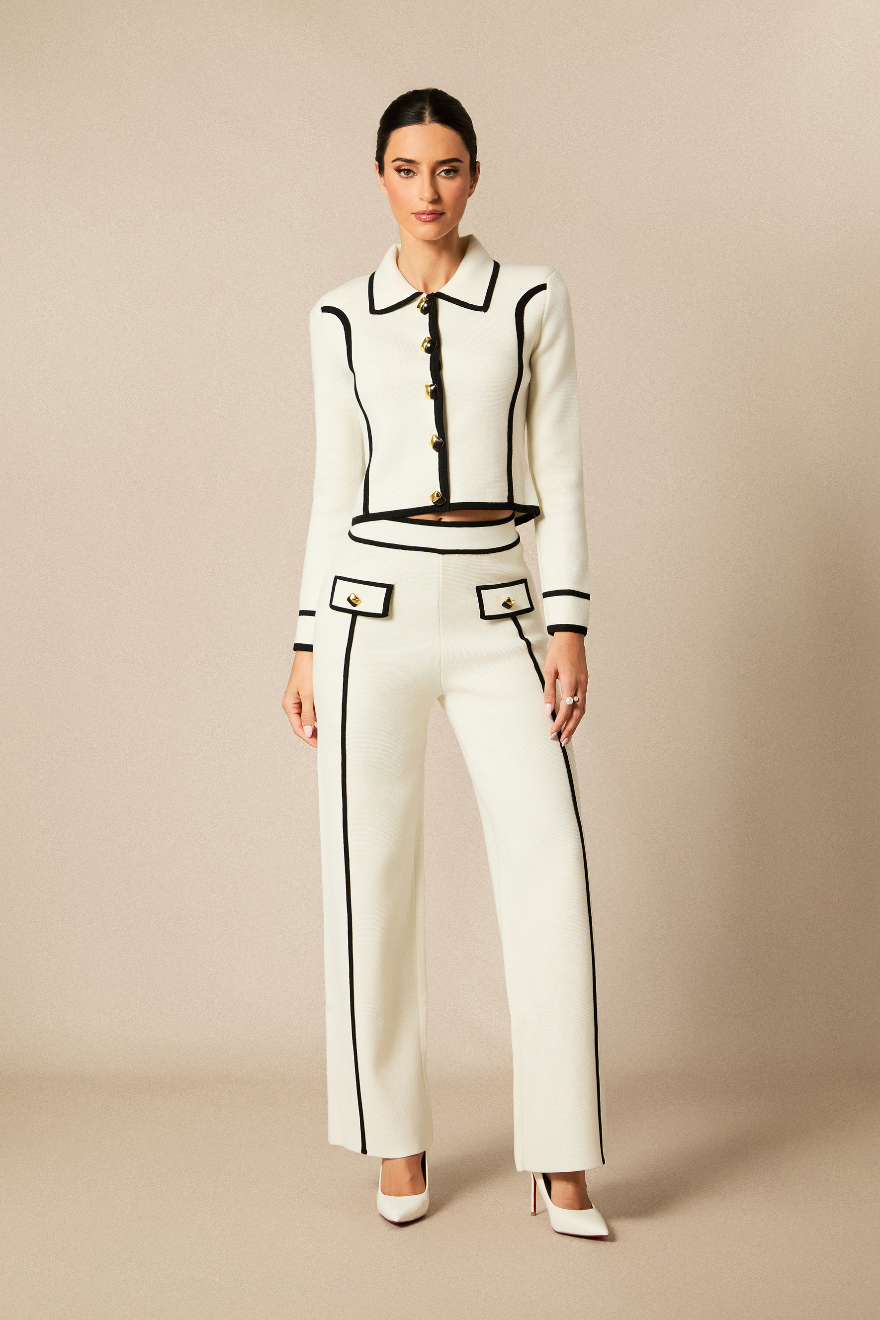 Miranda Contrast Trim Cropped Jacket & Straight Leg Pants Set