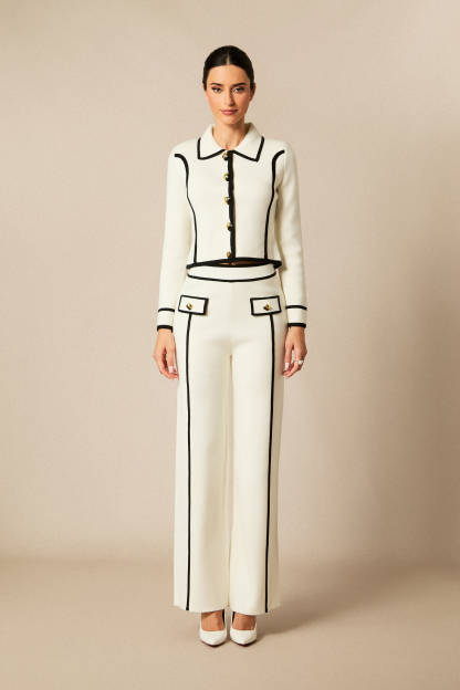 Miranda Contrast Trim Cropped Jacket & Straight Leg Pants Set