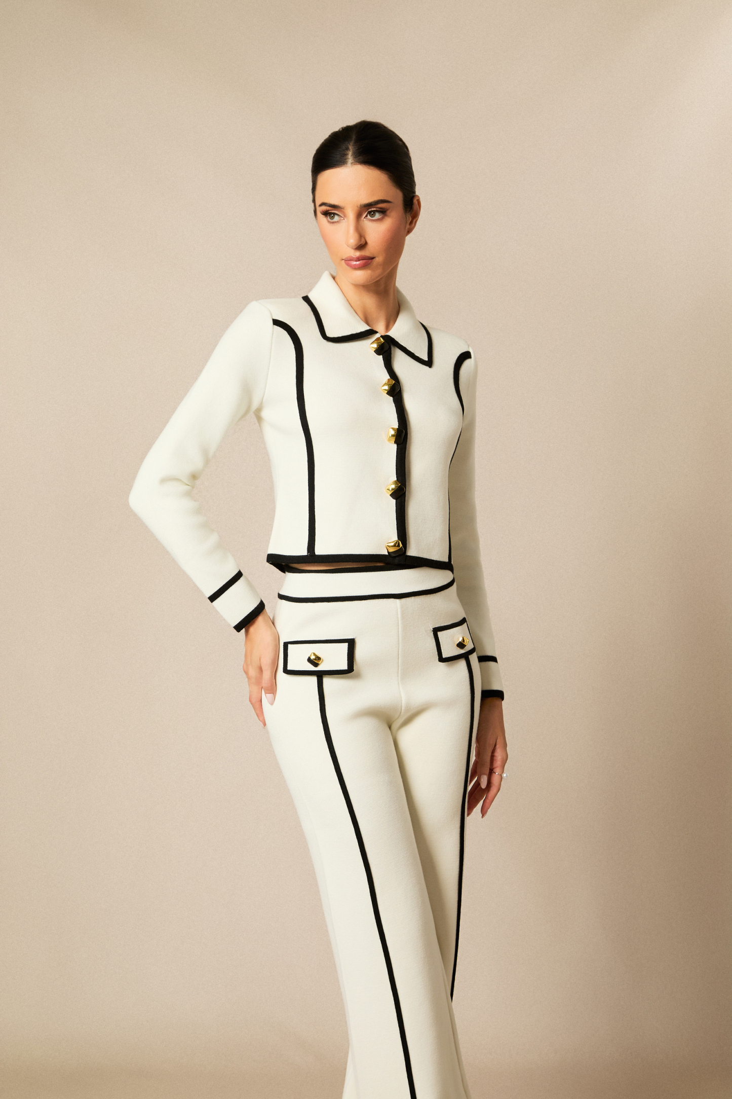 Miranda Contrast Trim Cropped Jacket & Straight Leg Pants Set