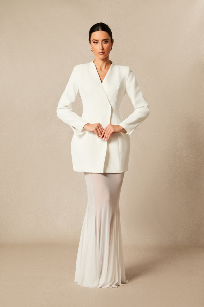 Myra Asymmetric Tailored Blazer & Sheer Mesh Skirt Set