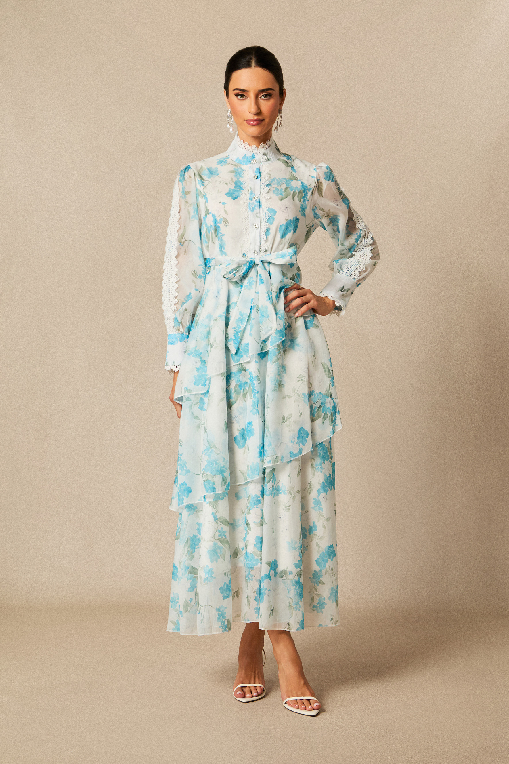 Isabella Floral Print Lace Trim Chiffon Maxi Dress