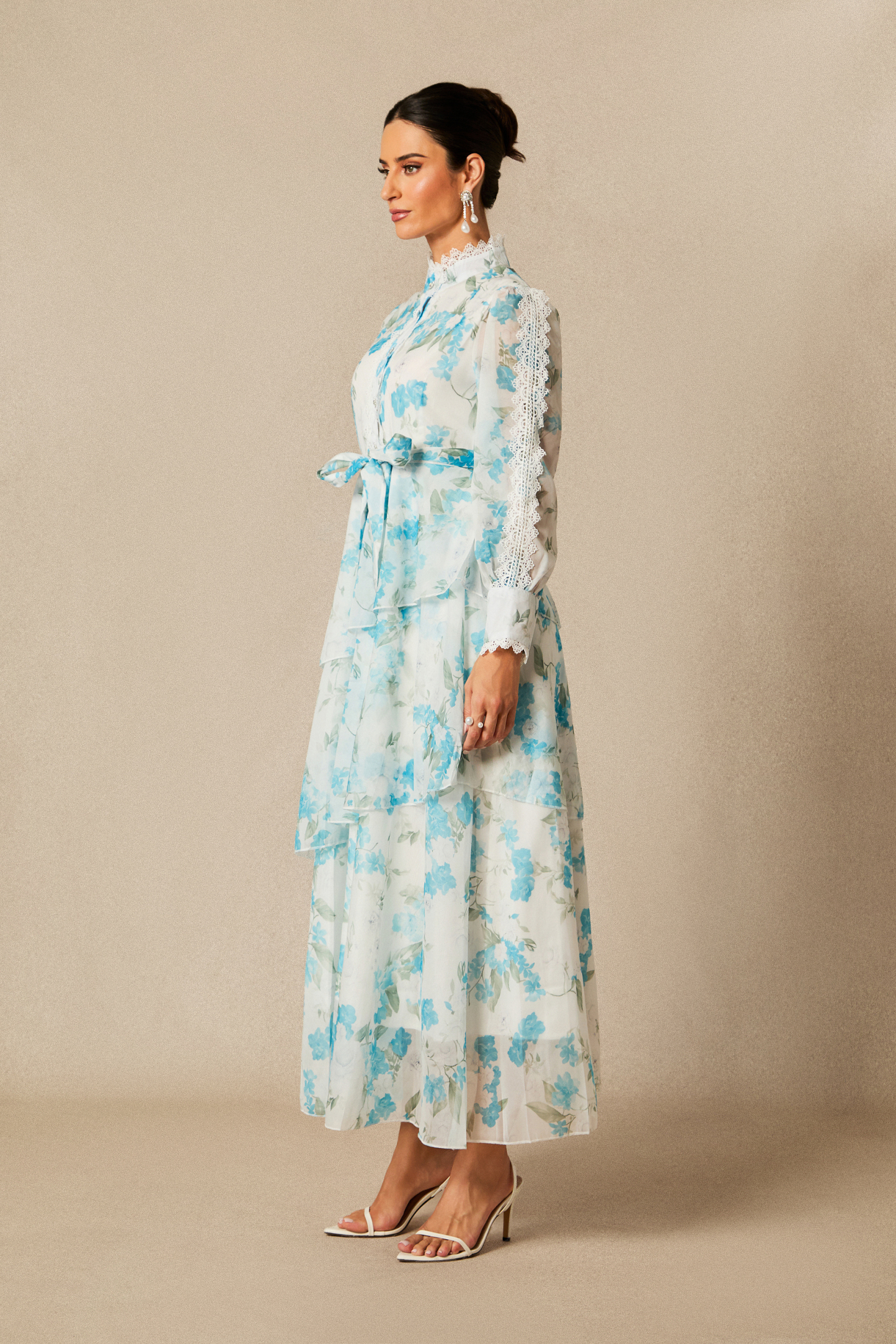 Isabella Floral Print Lace Trim Chiffon Maxi Dress