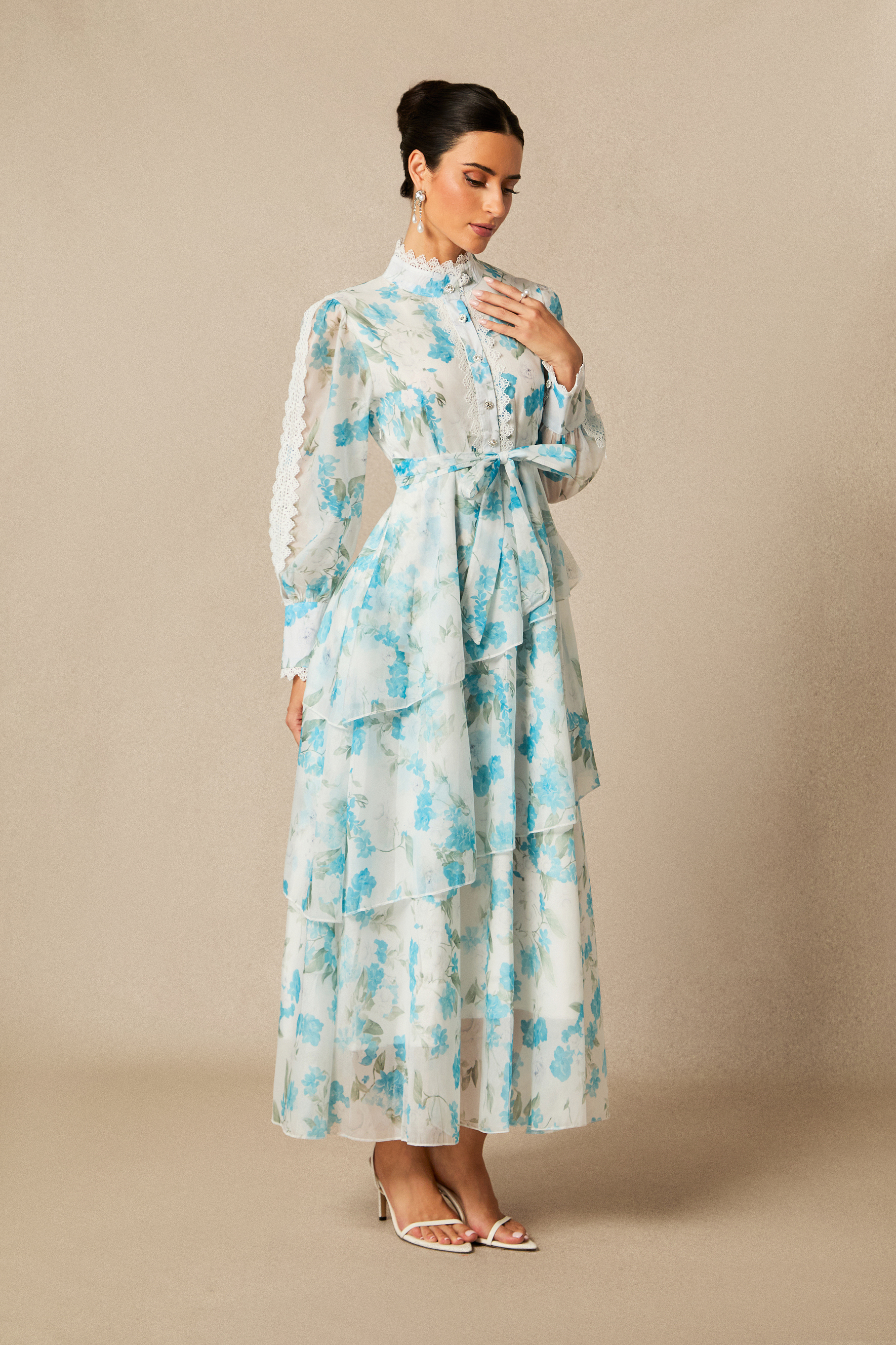 Isabella Floral Print Lace Trim Chiffon Maxi Dress