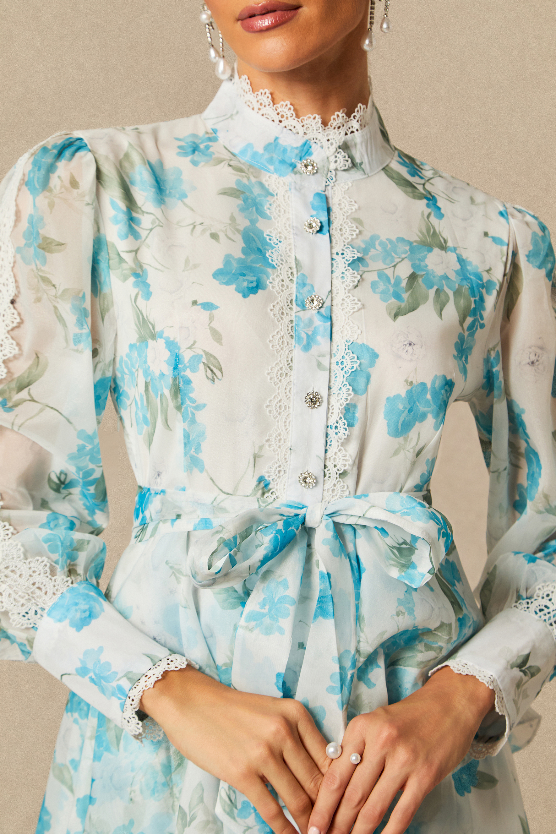 Isabella Floral Print Lace Trim Chiffon Maxi Dress