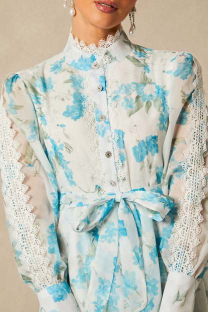 Isabella Floral Print Lace Trim Chiffon Maxi Dress