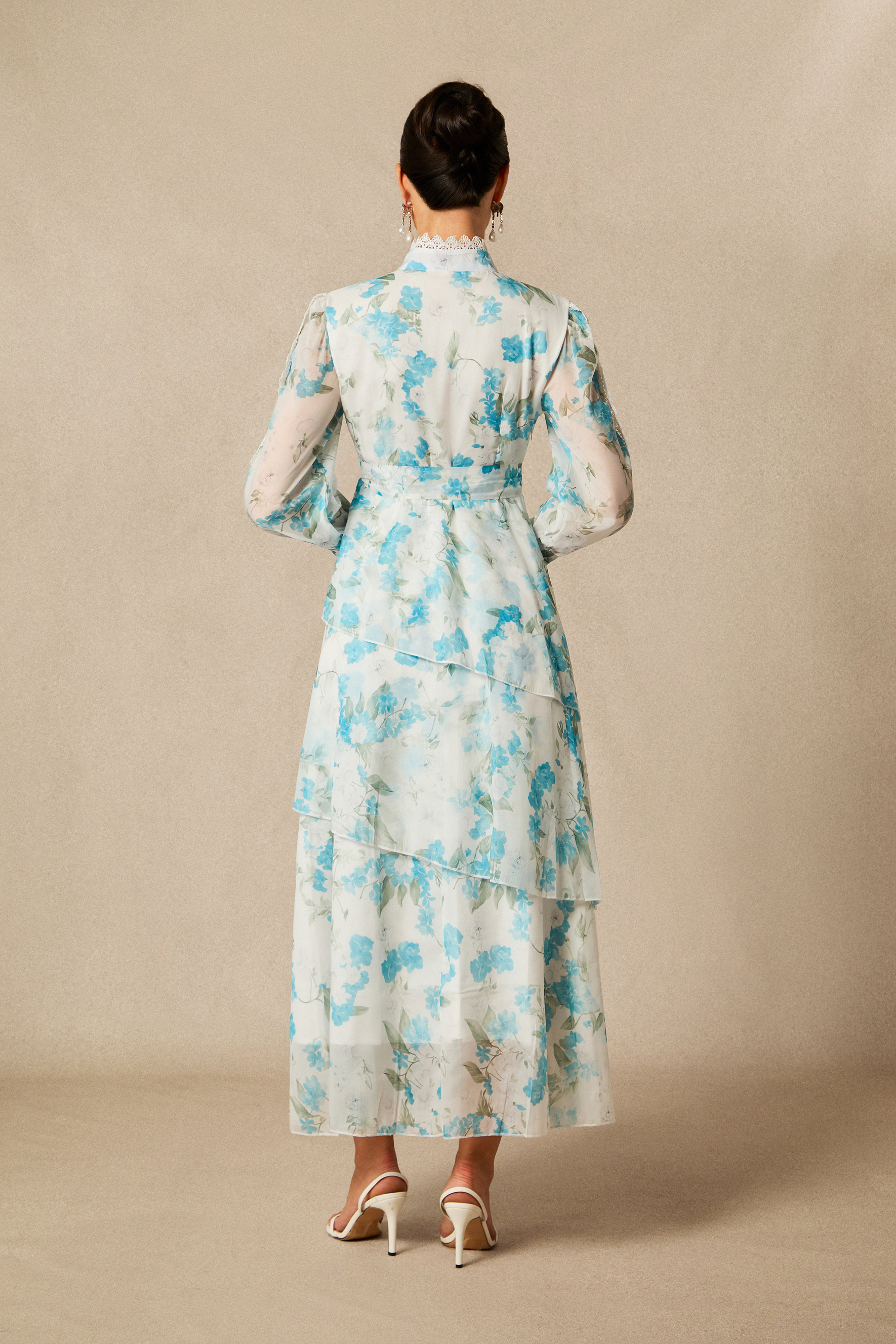 Isabella Floral Print Lace Trim Chiffon Maxi Dress