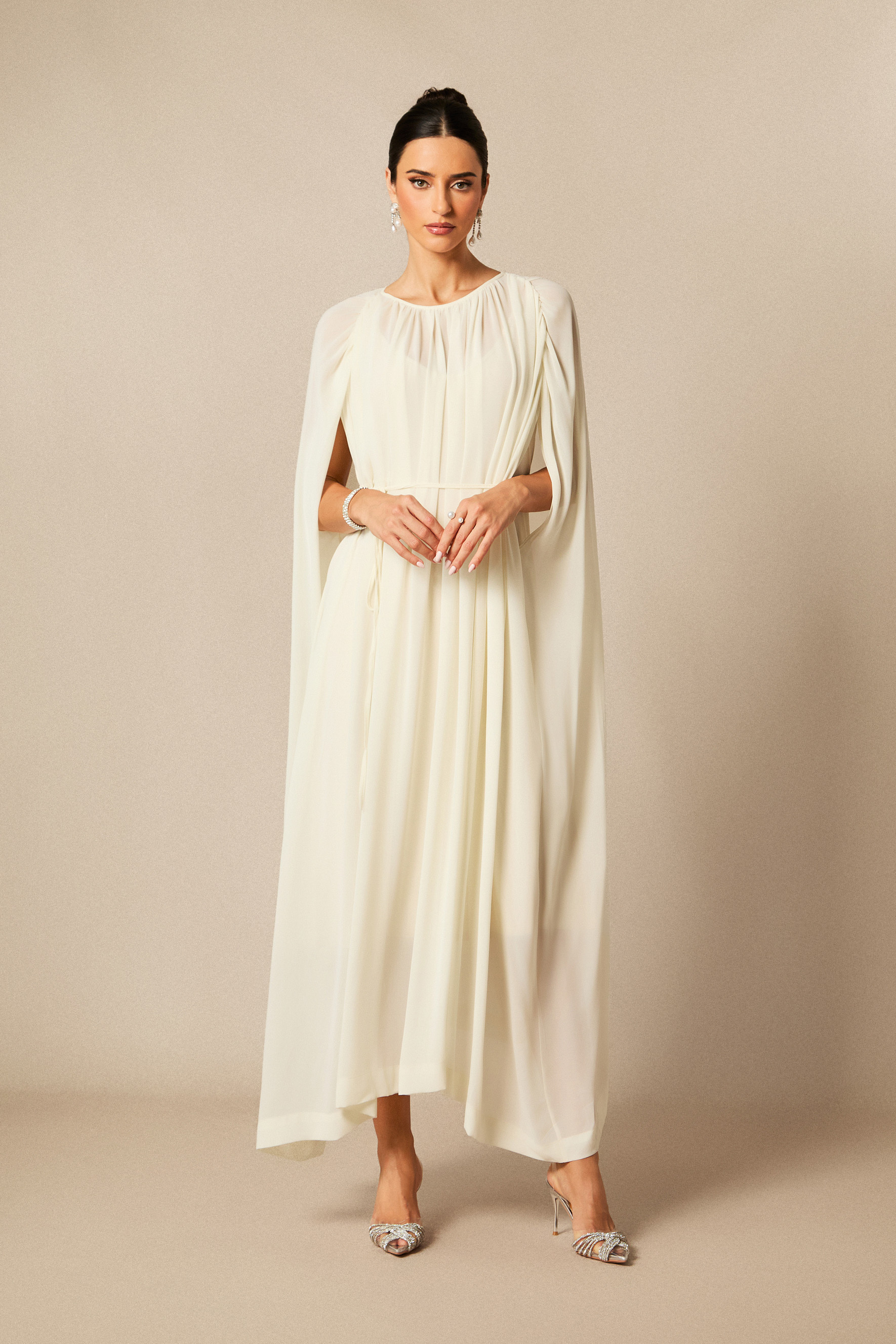 Aria Gathered Cape Chiffon Maxi Dress