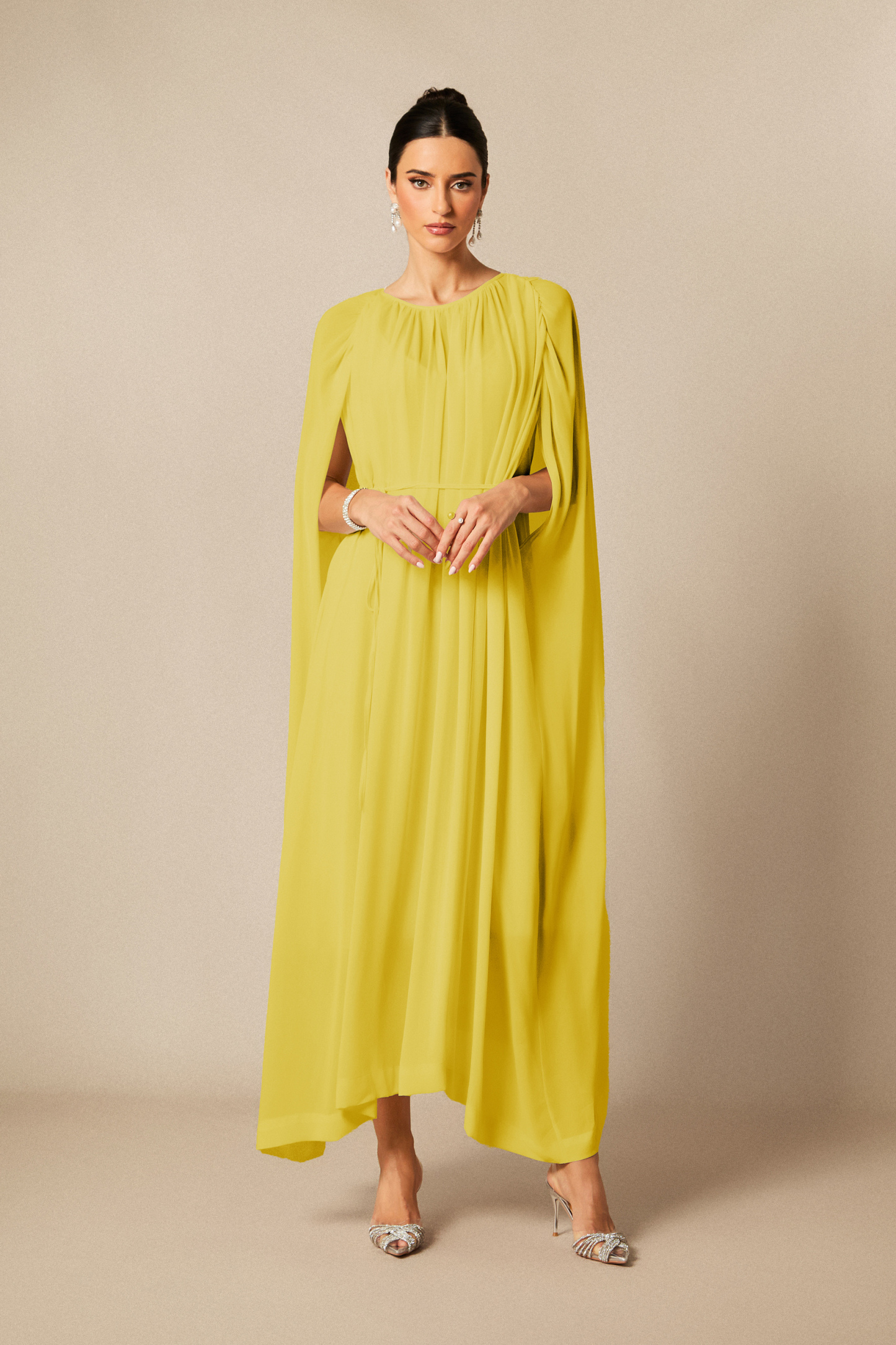 Aria Gathered Cape Chiffon Maxi Dress