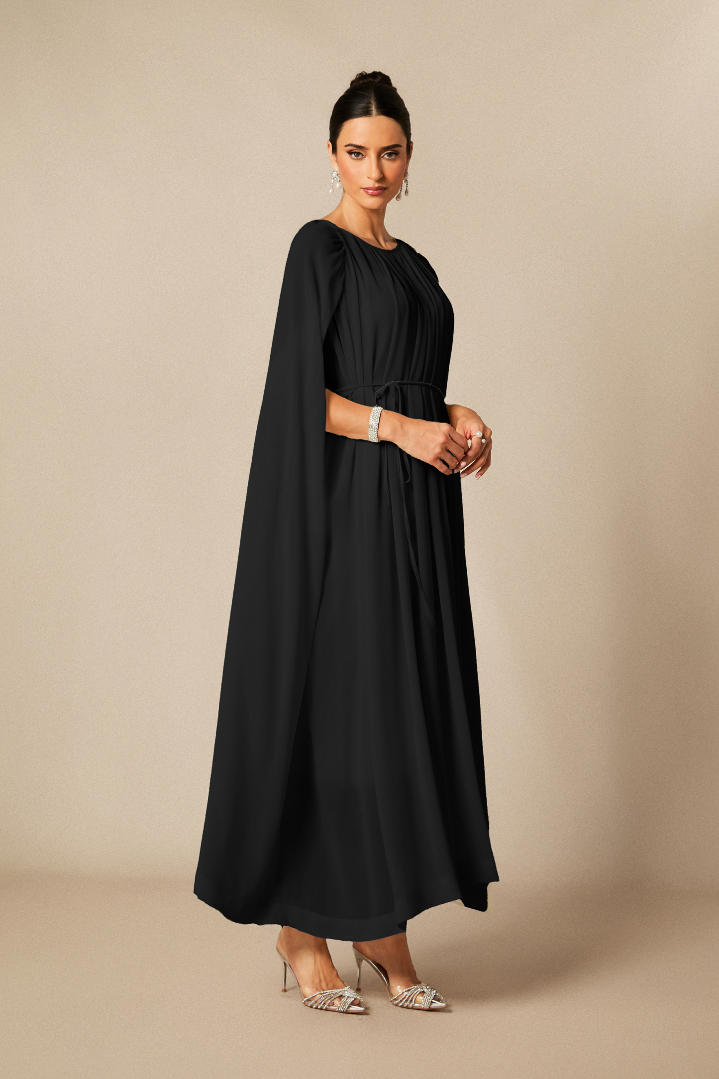 Aria Gathered Cape Chiffon Maxi Dress