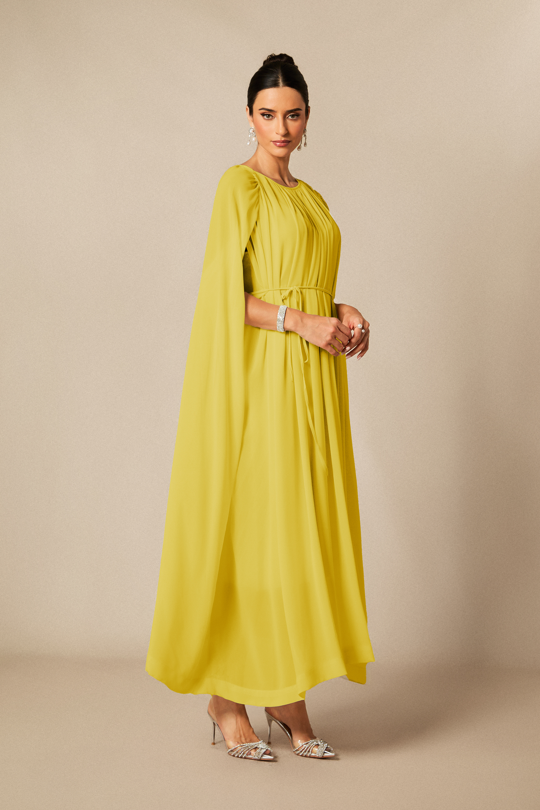 Aria Gathered Cape Chiffon Maxi Dress