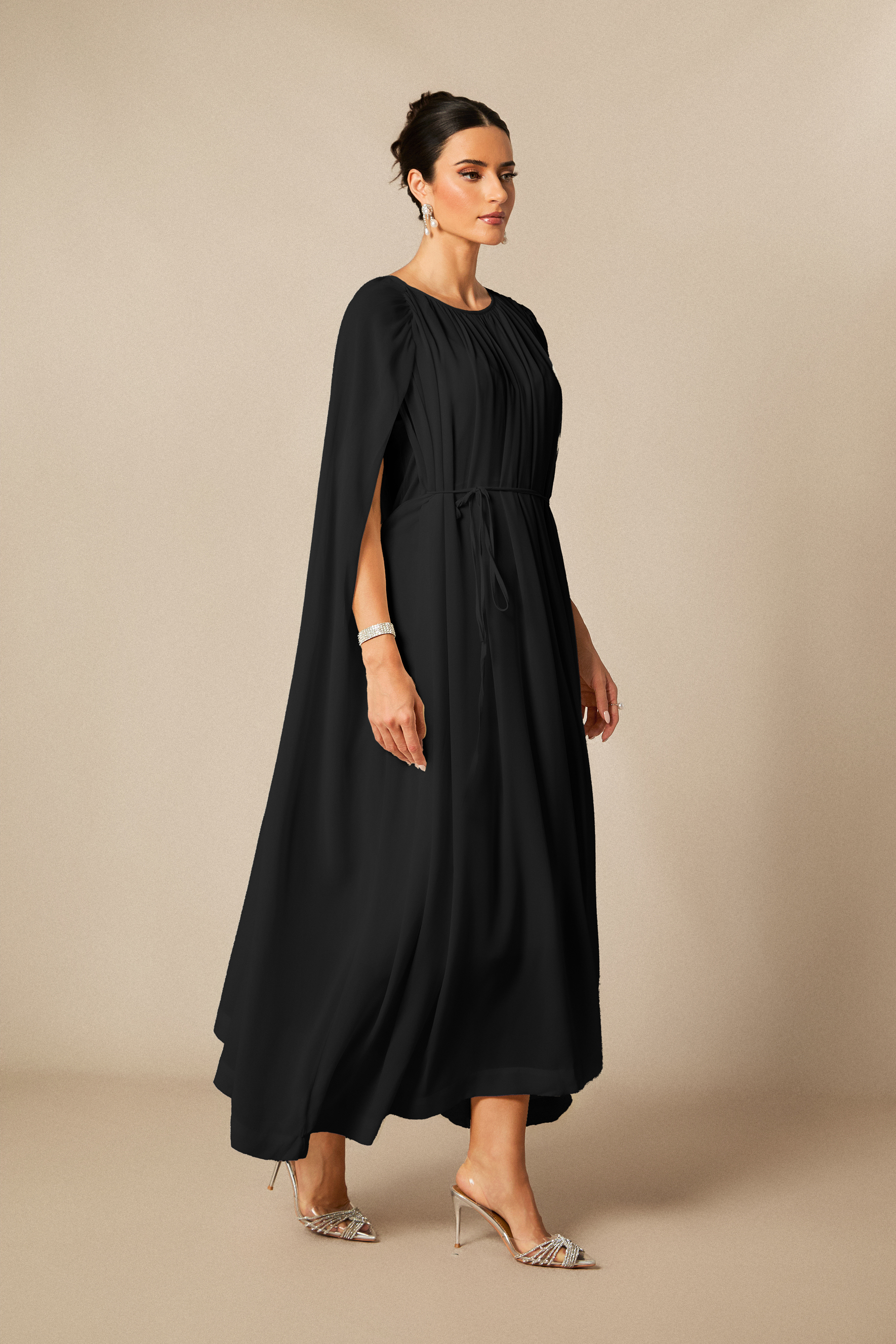 Aria Gathered Cape Chiffon Maxi Dress