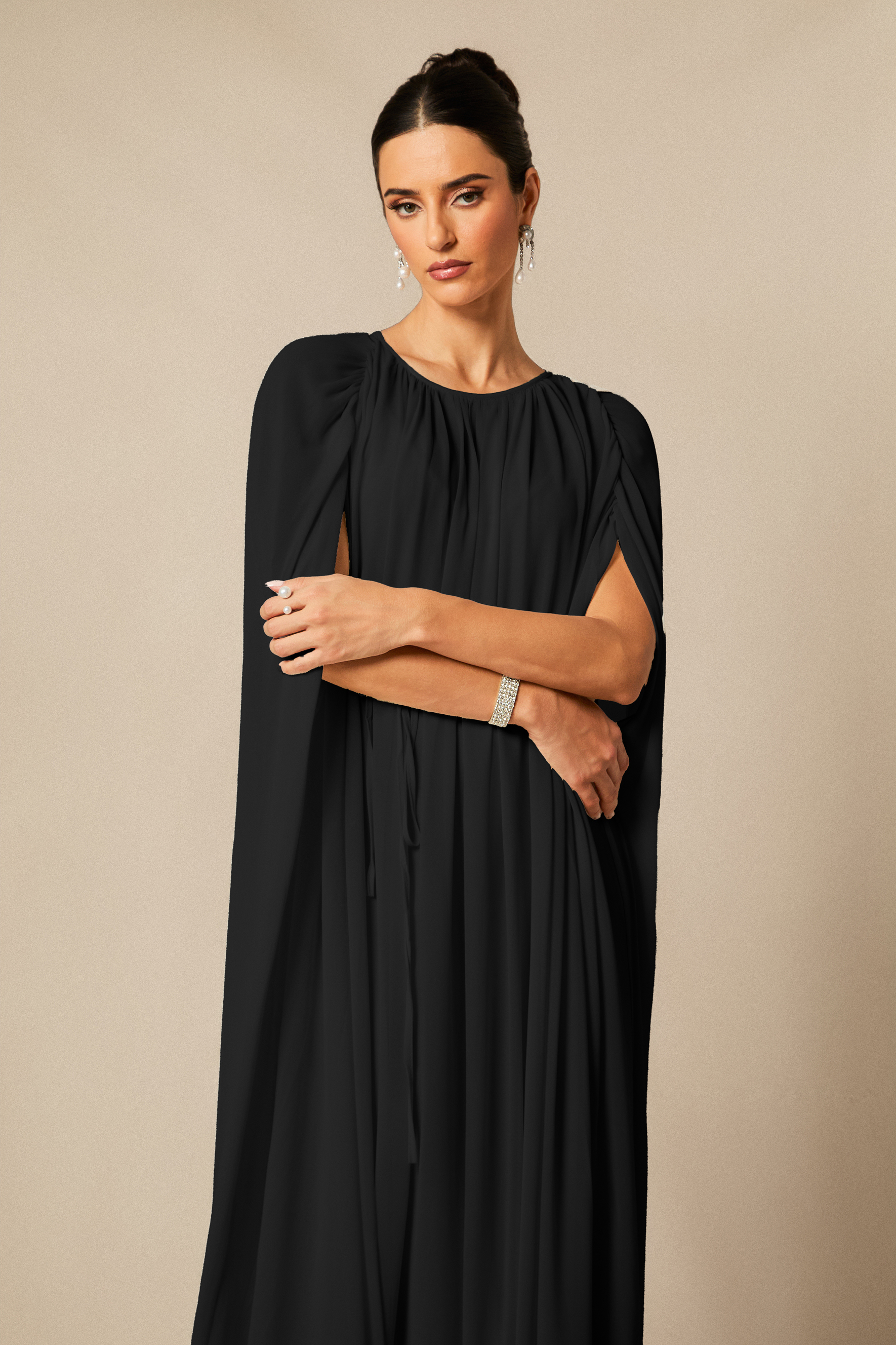 Aria Gathered Cape Chiffon Maxi Dress
