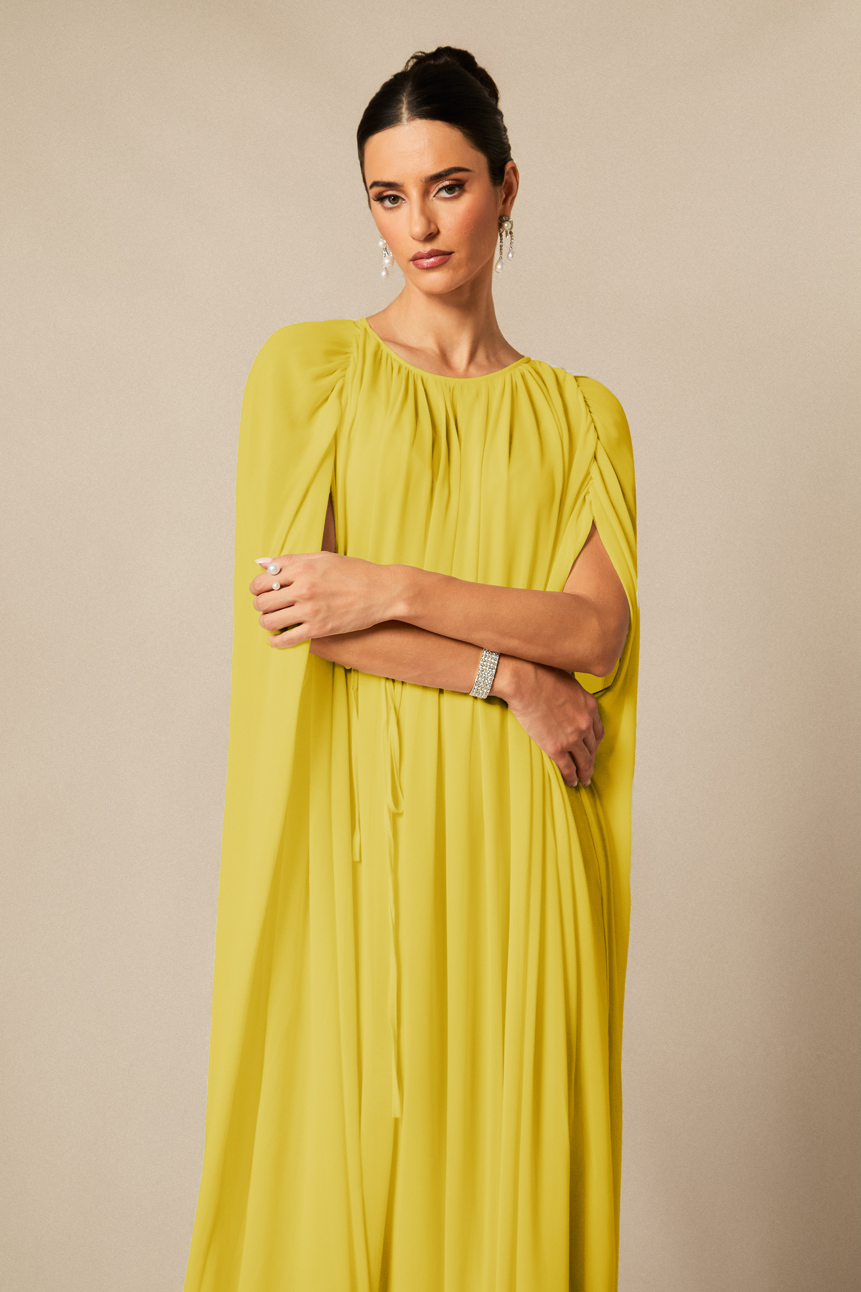 Aria Gathered Cape Chiffon Maxi Dress