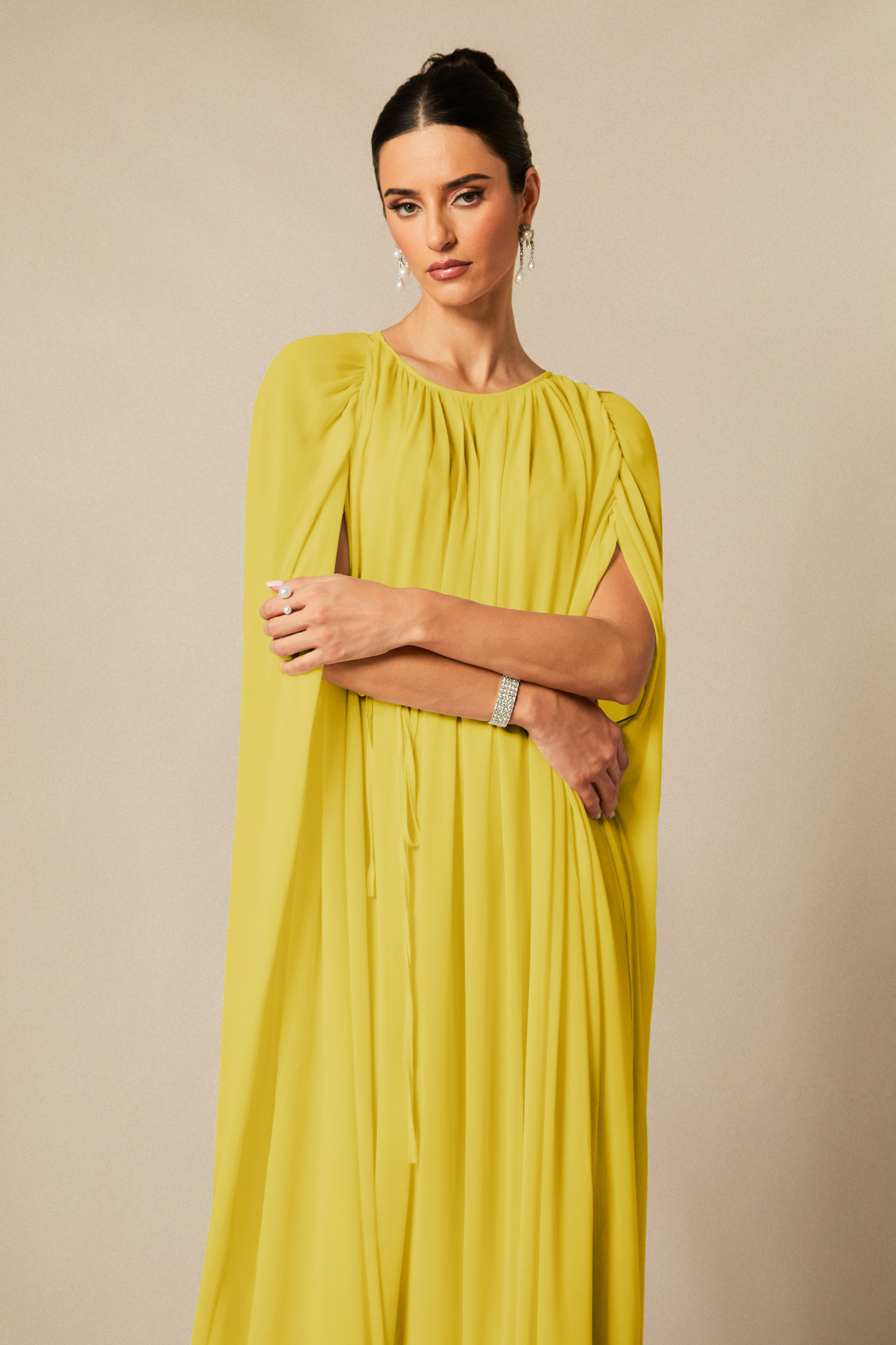 Aria Gathered Cape Chiffon Maxi Dress