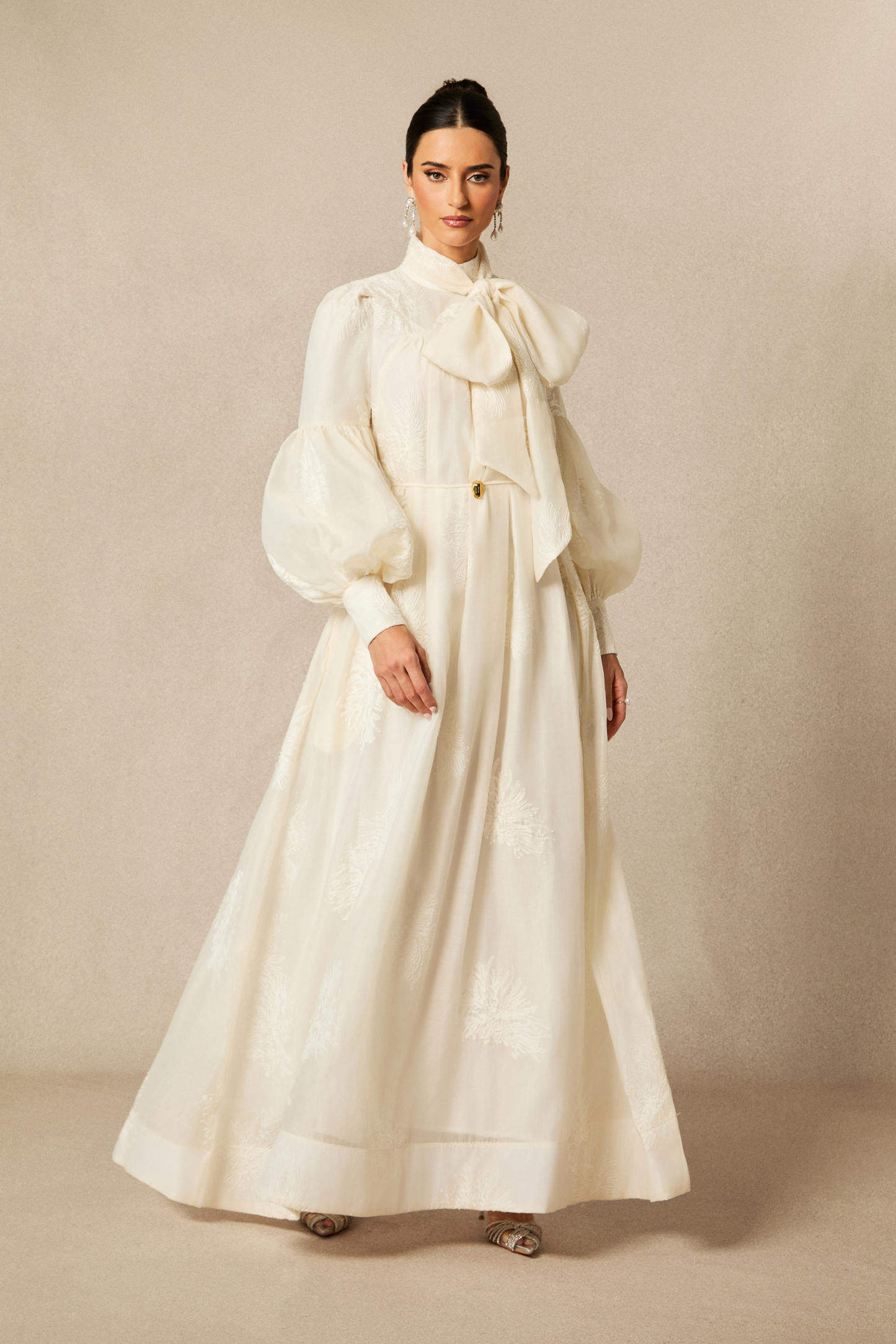 Lydia Floral Embroidered Tie Neck Maxi Dress