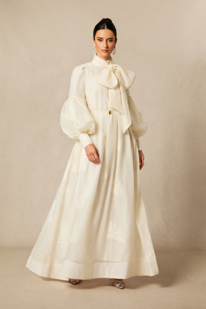 Lydia Floral Embroidered Tie Neck Maxi Dress