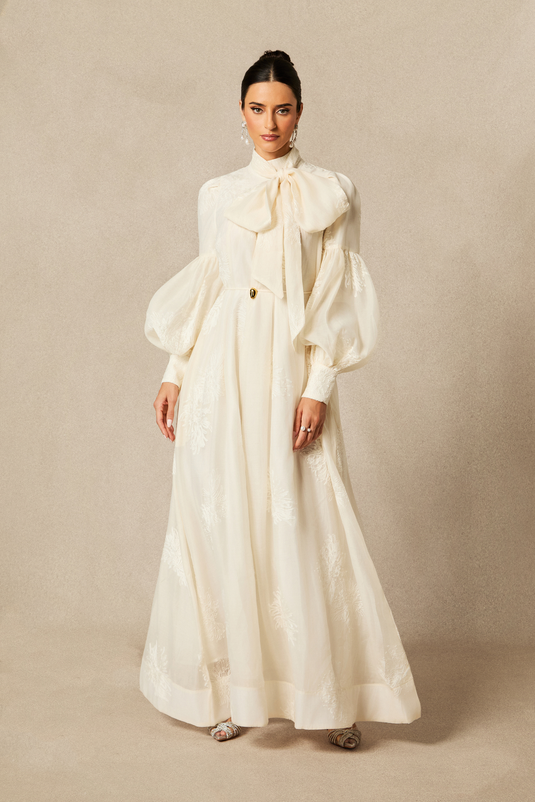 Lydia Floral Embroidered Tie Neck Maxi Dress