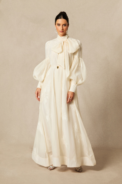 Lydia Floral Embroidered Tie Neck Maxi Dress