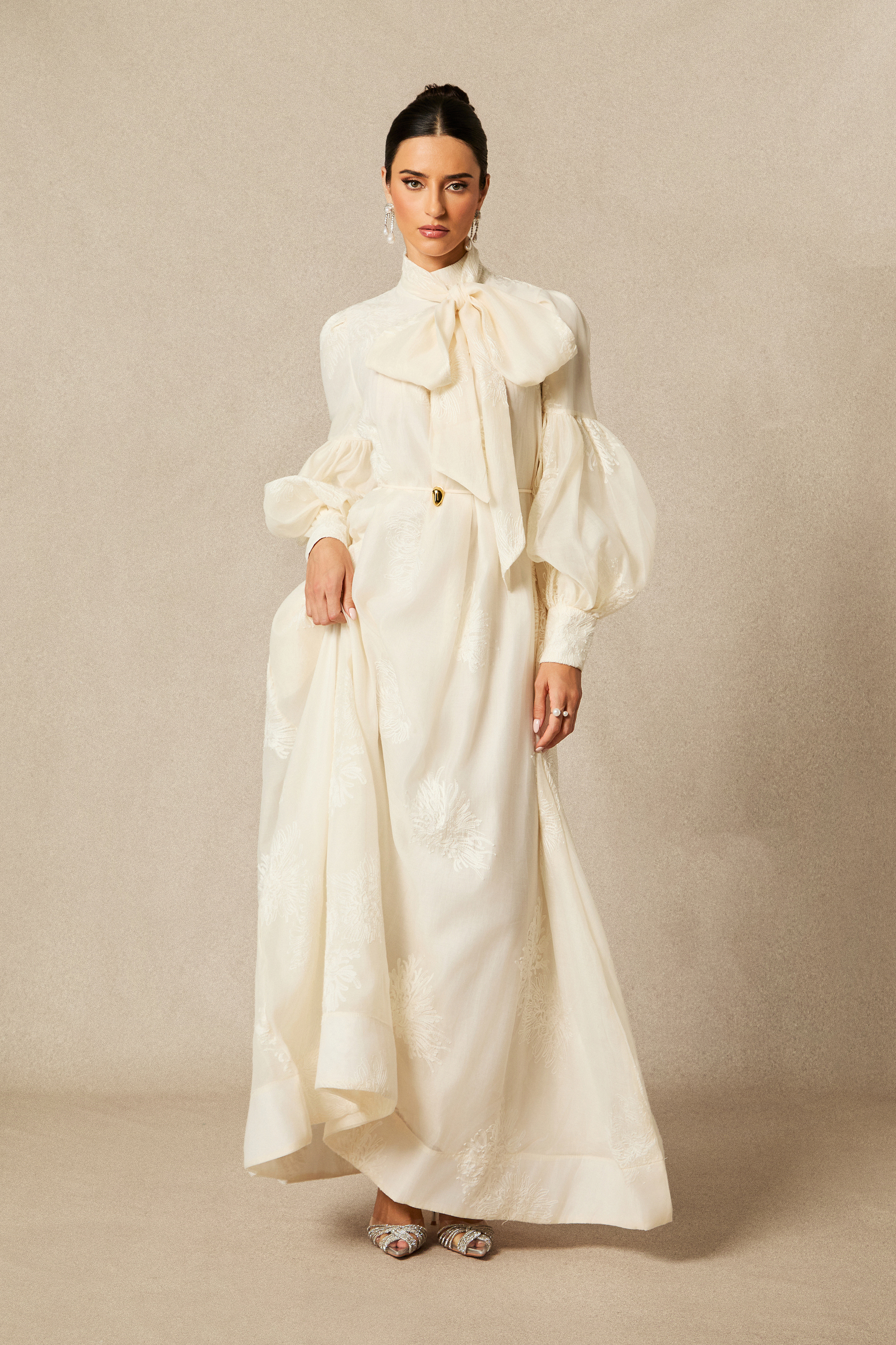 Lydia Floral Embroidered Tie Neck Maxi Dress