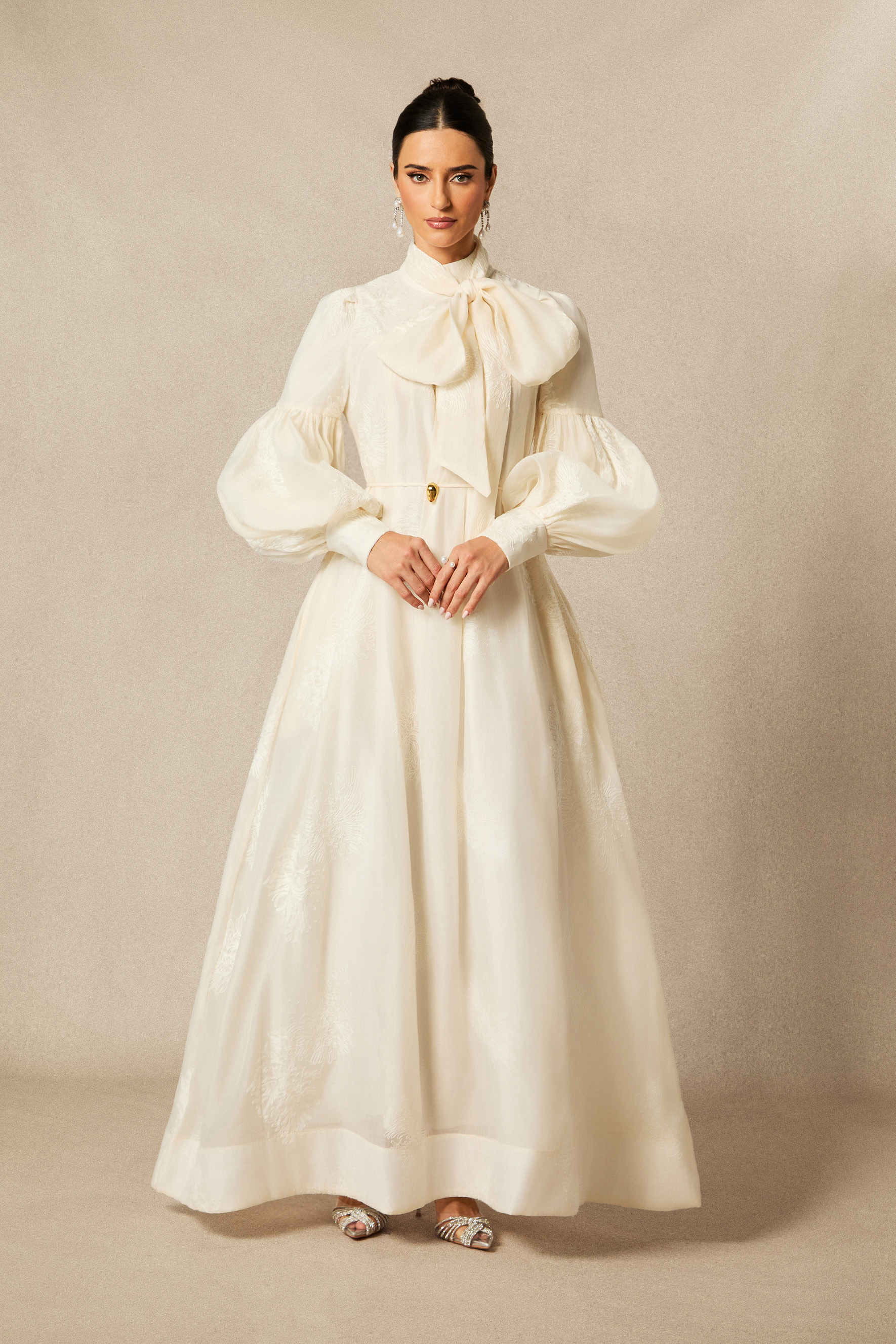 Lydia Floral Embroidered Tie Neck Maxi Dress