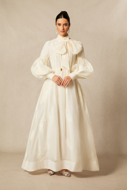 Lydia Floral Embroidered Tie Neck Maxi Dress