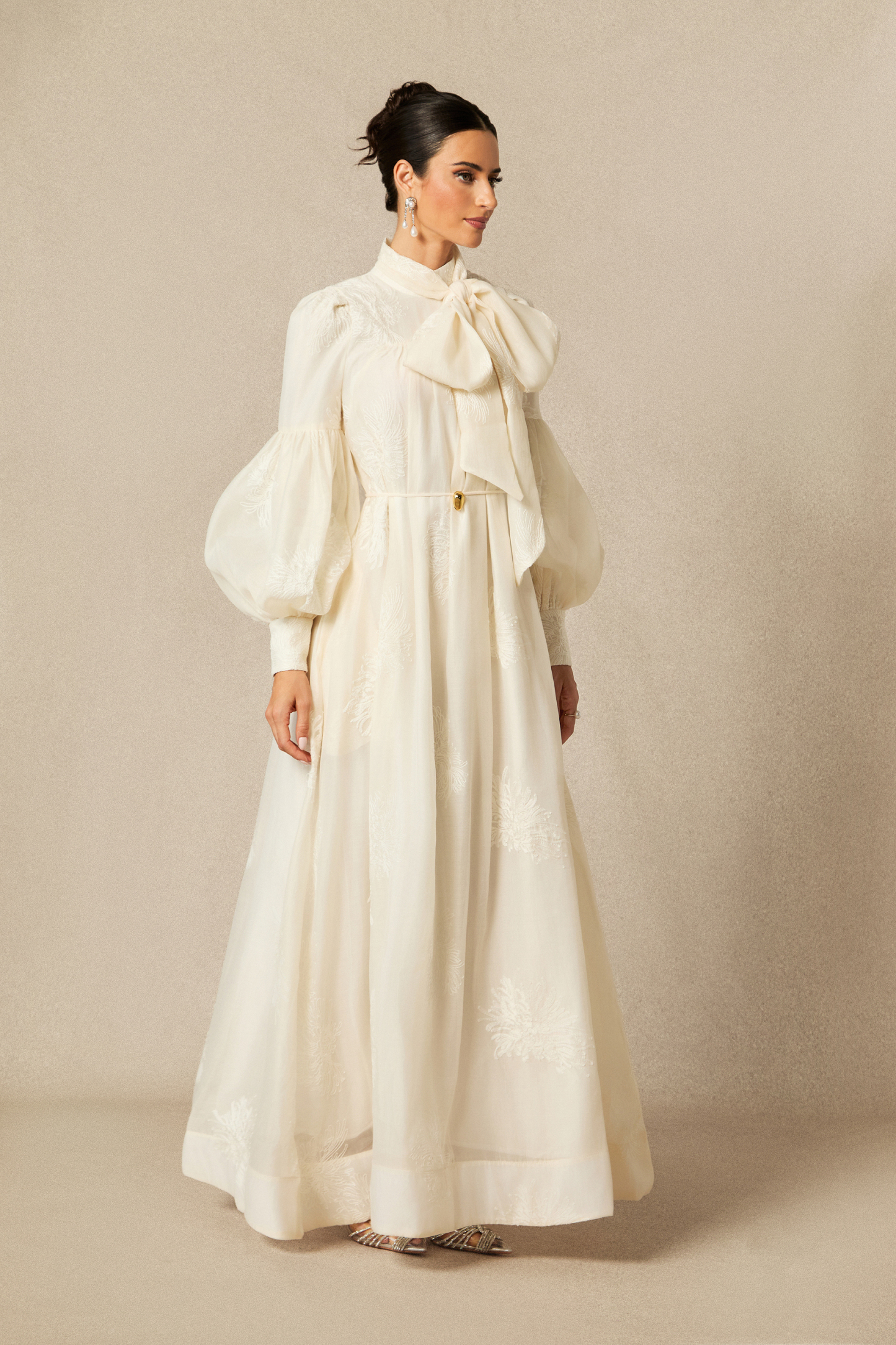 Lydia Floral Embroidered Tie Neck Maxi Dress