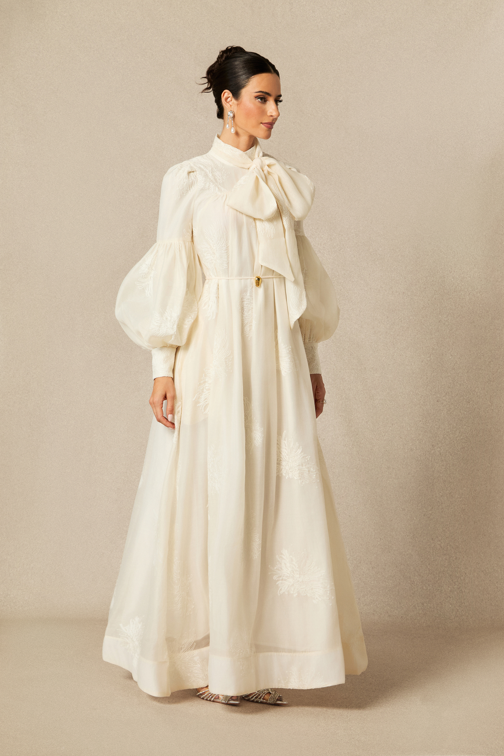 Lydia Floral Embroidered Tie Neck Maxi Dress