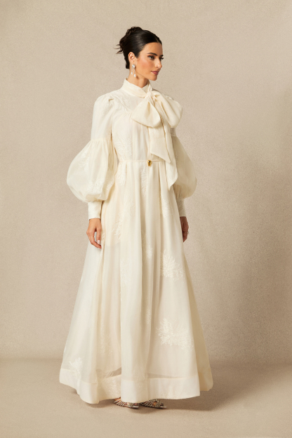 Lydia Floral Embroidered Tie Neck Maxi Dress