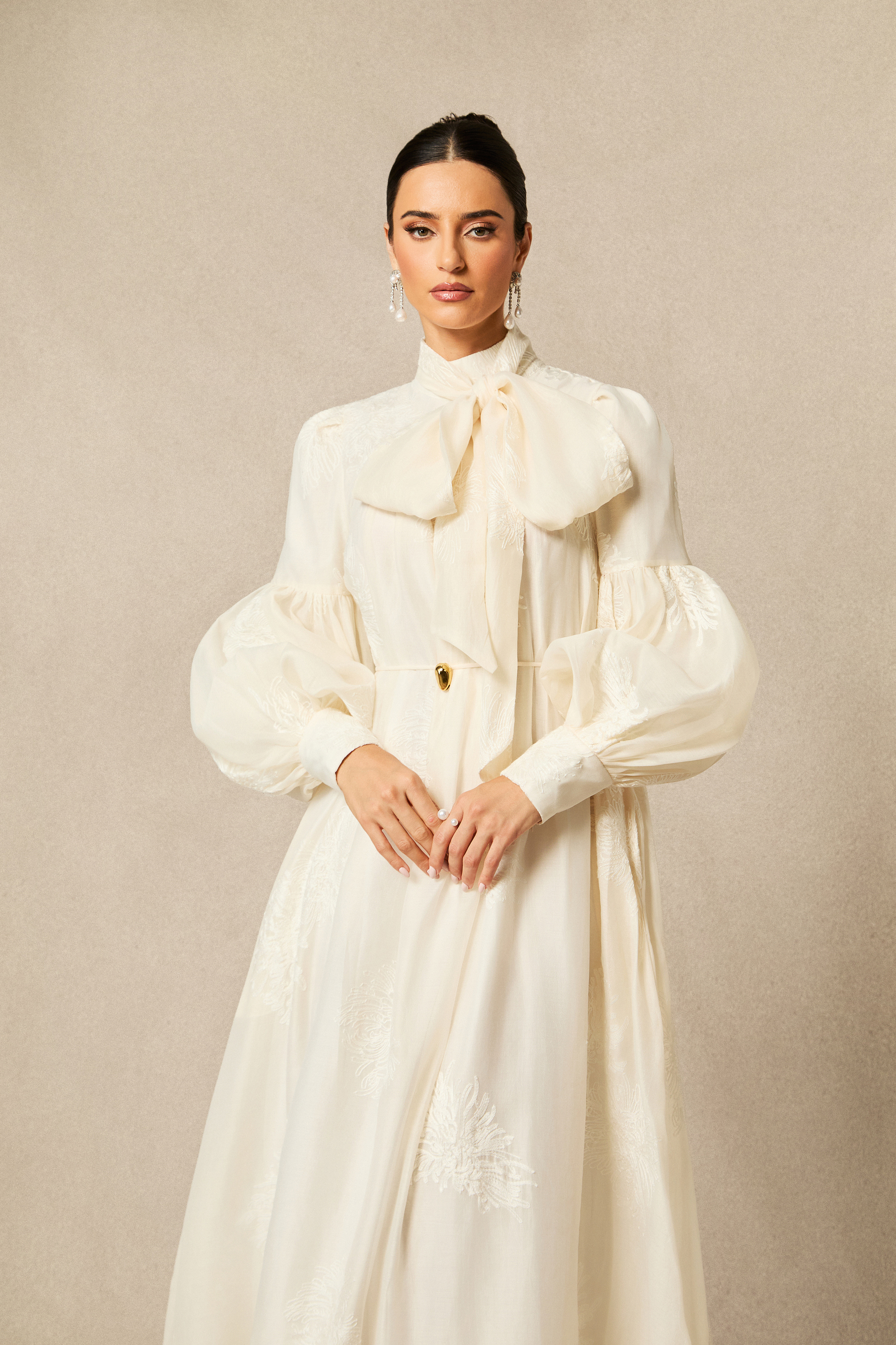 Lydia Floral Embroidered Tie Neck Maxi Dress