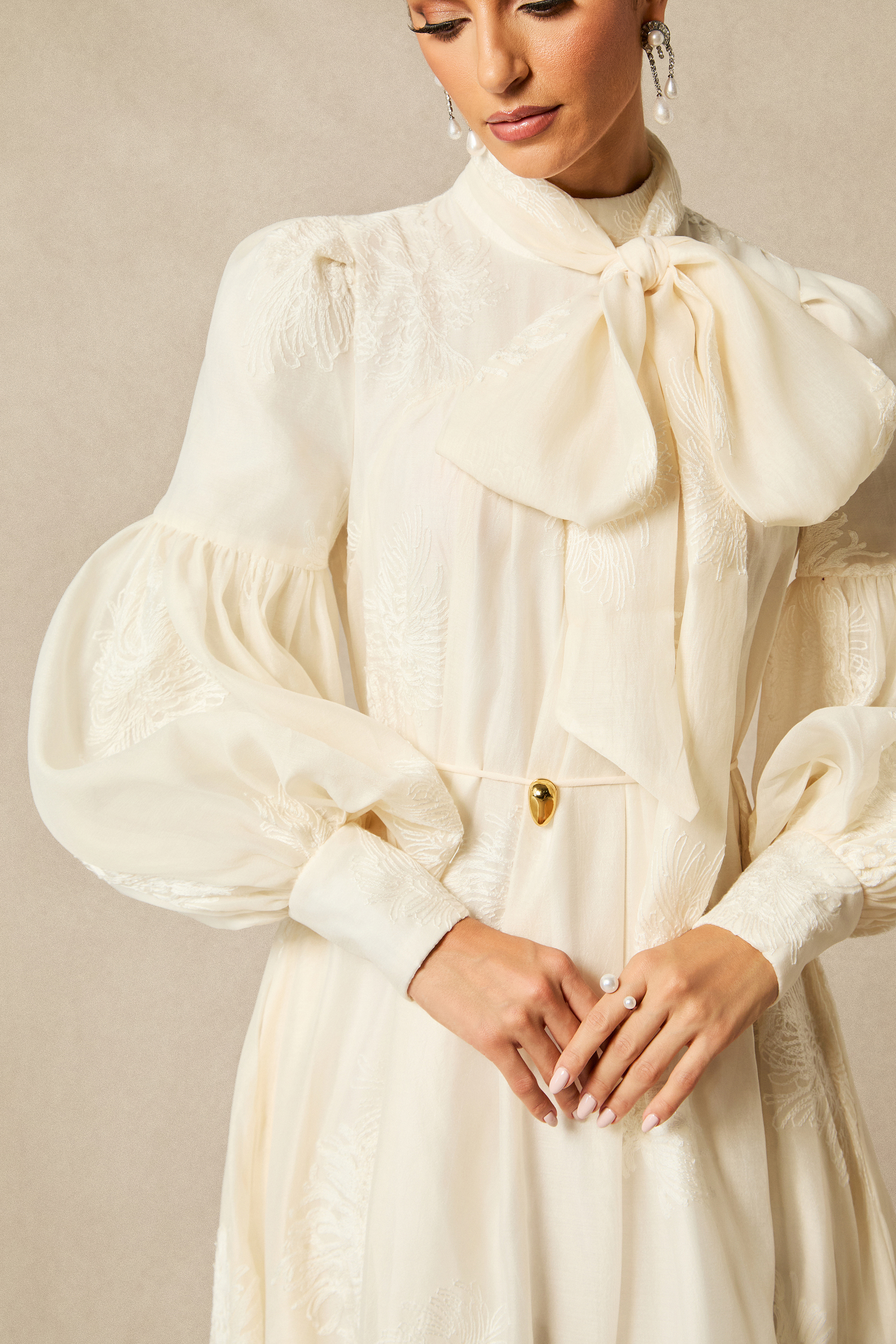 Lydia Floral Embroidered Tie Neck Maxi Dress