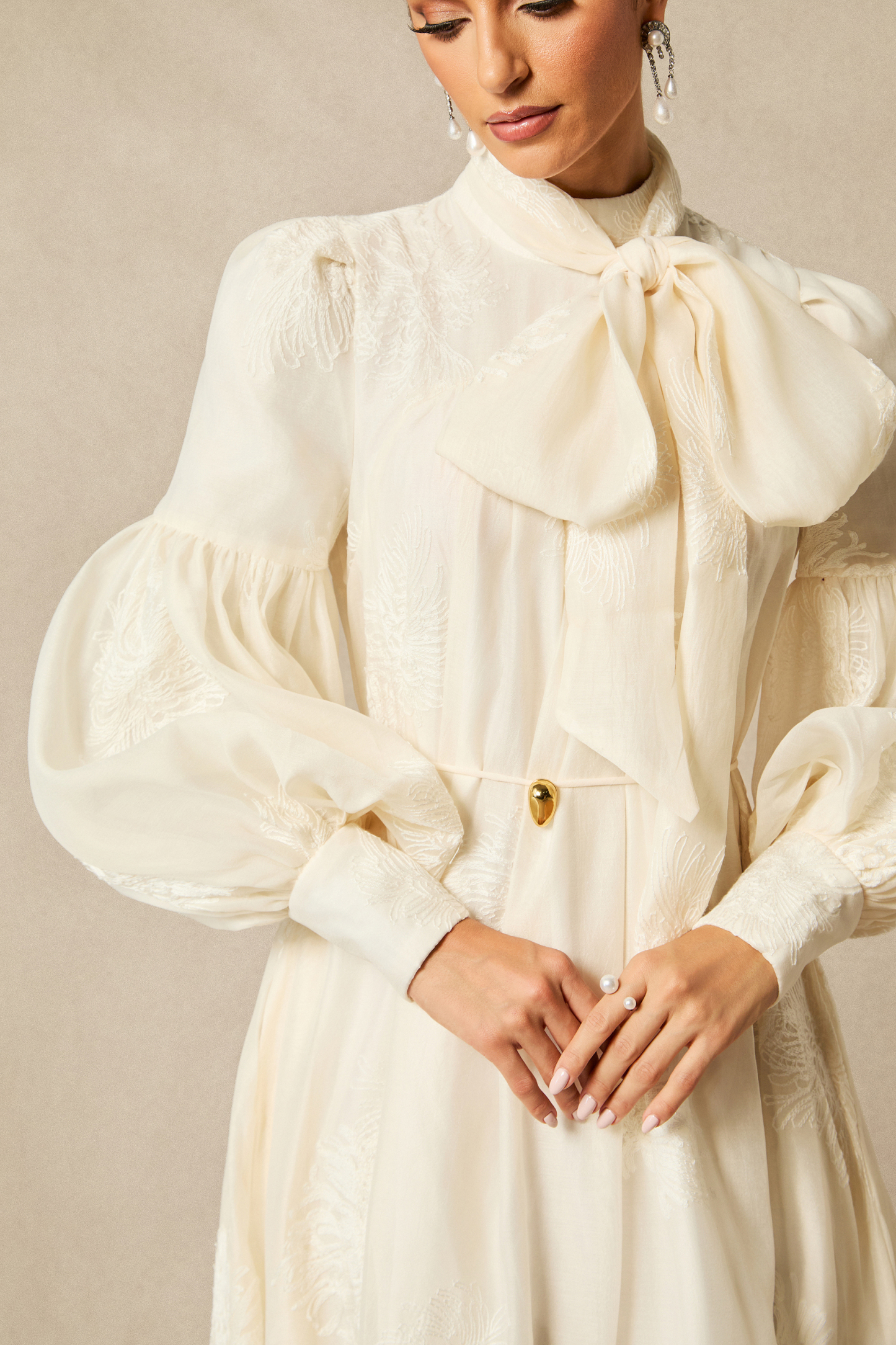 Lydia Floral Embroidered Tie Neck Maxi Dress